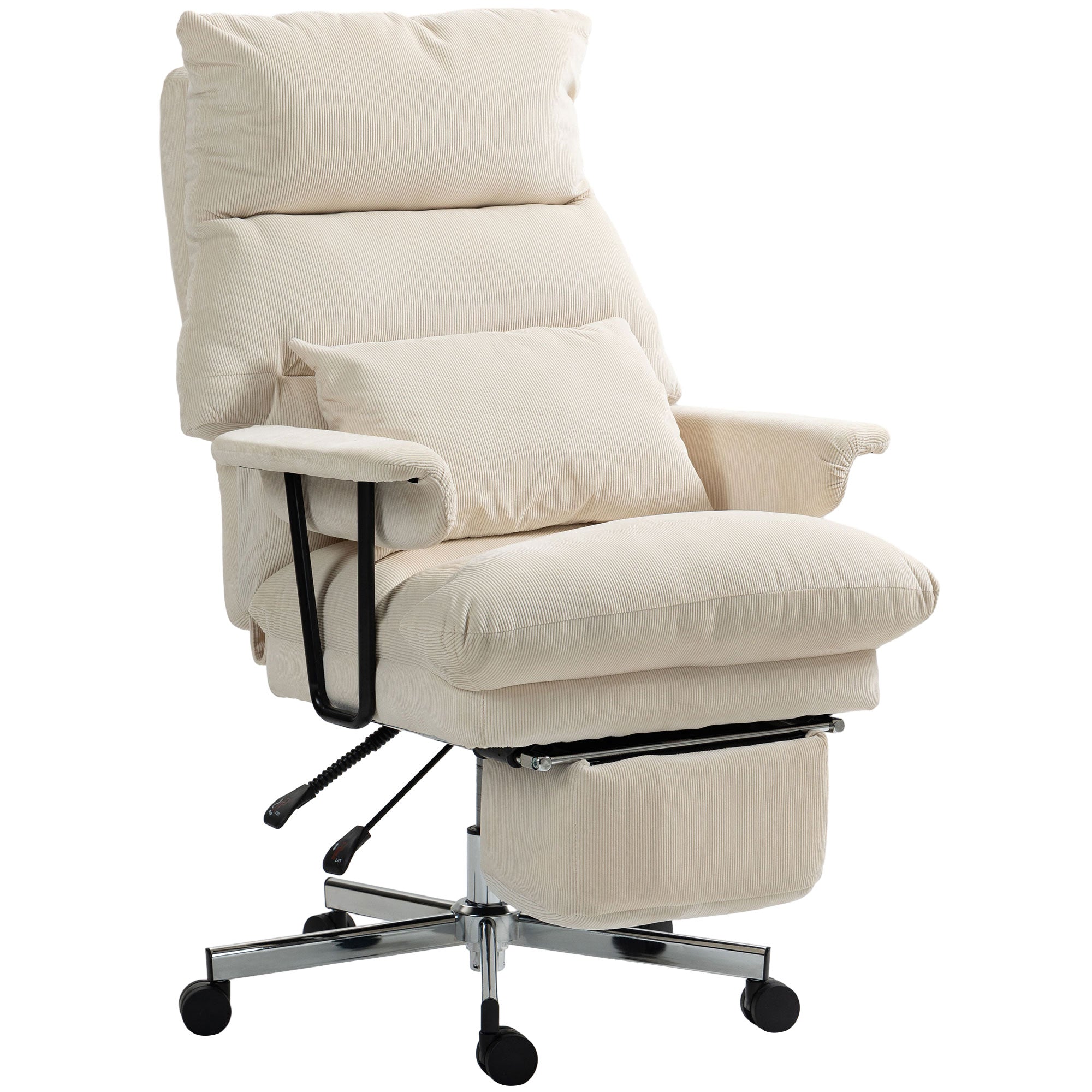 HOMCOM Large Overstuffed Office Chair with Lumbar Support, High Back Reclining Executive Corduroy Computer Desk Chair with Footrest, Swivel Wheels, Cream White