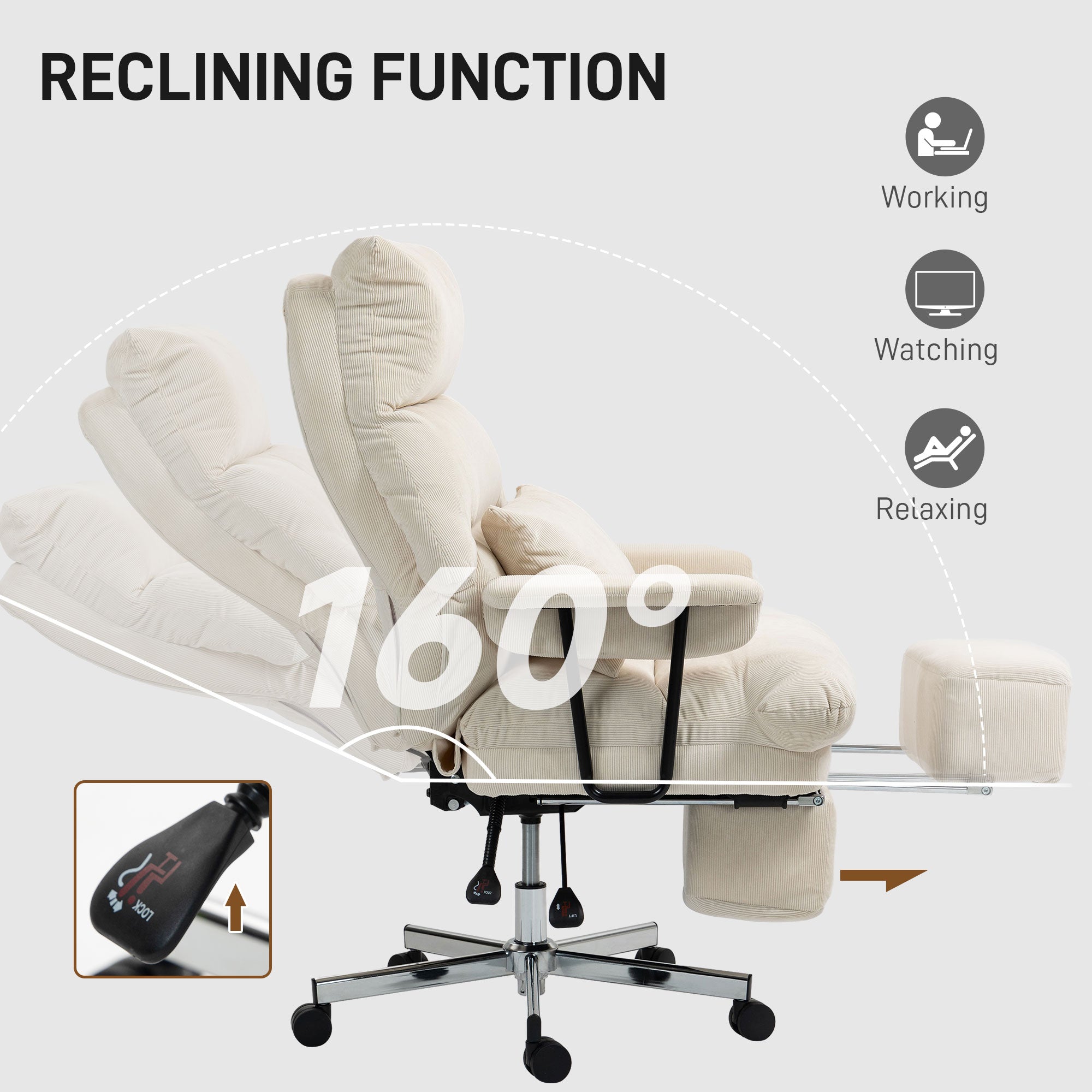 HOMCOM Large Overstuffed Office Chair with Lumbar Support, High Back Reclining Executive Corduroy Computer Desk Chair with Footrest, Swivel Wheels, Cream White