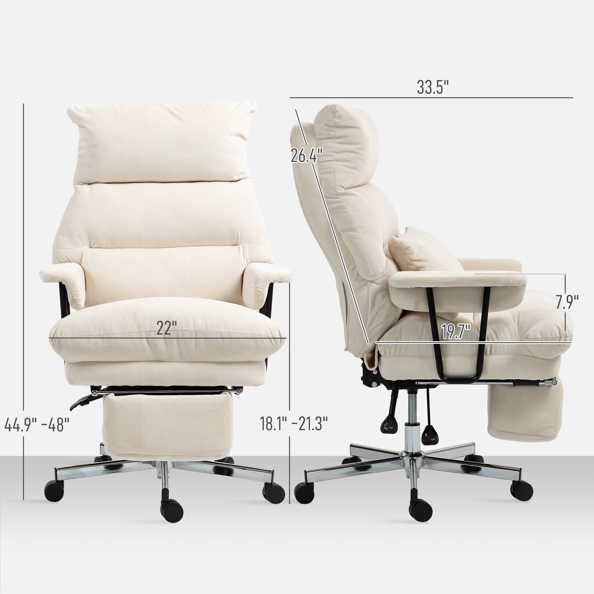 HOMCOM Large Overstuffed Office Chair with Lumbar Support, High Back Reclining Executive Corduroy Computer Desk Chair with Footrest, Swivel Wheels, Cream White