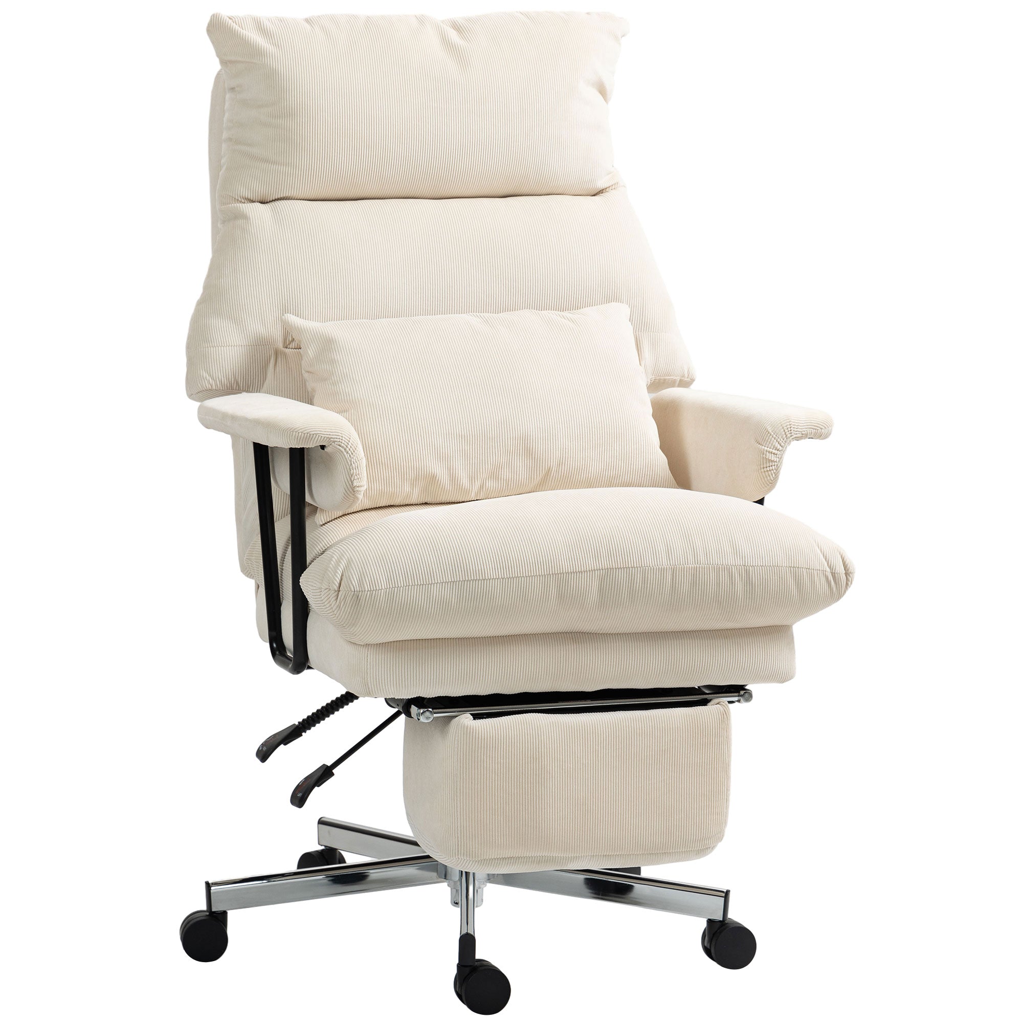 HOMCOM Large Overstuffed Office Chair with Lumbar Support, High Back Reclining Executive Corduroy Computer Desk Chair with Footrest, Swivel Wheels, Cream White