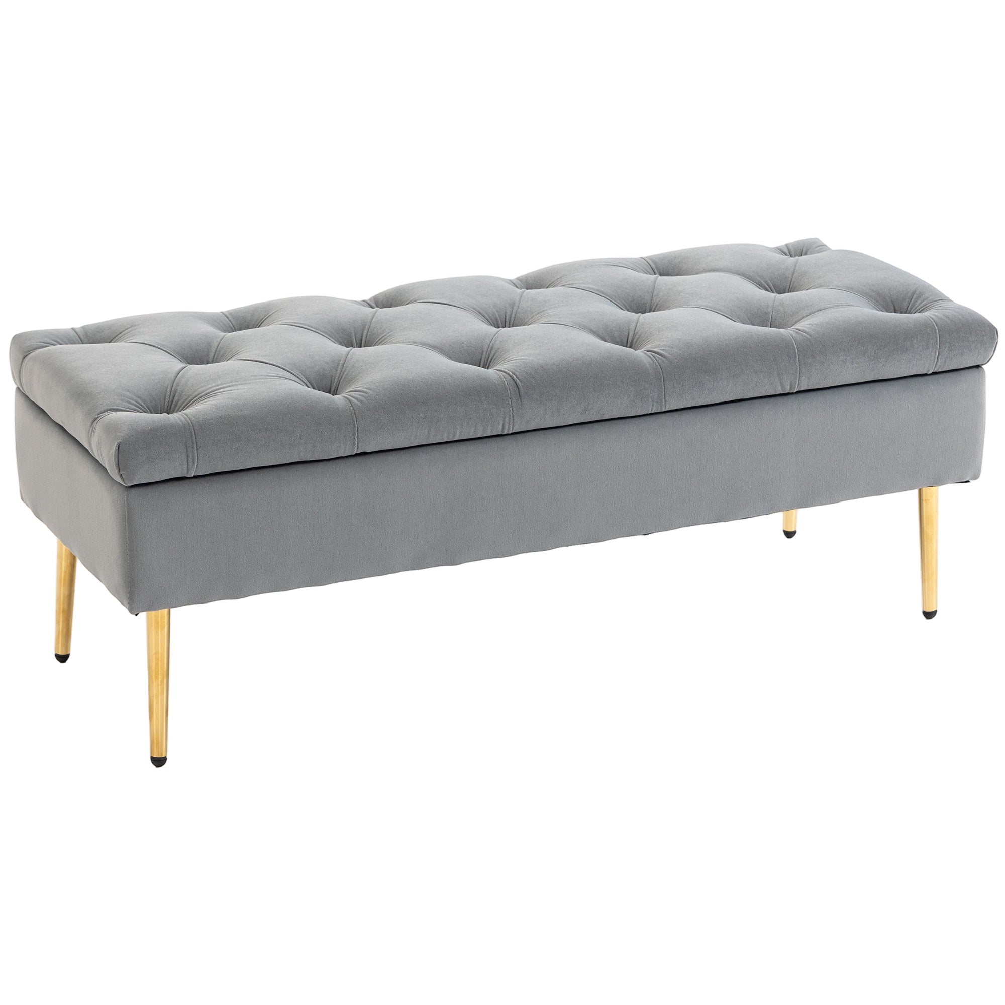 Upholstered Bedroom Bench with Gold Tone Metal Legs, Velvet Button-Tufted Storage Bench, Bench Seat with Thick Padding, Ottoman Bench for Living Room, Hallway, Grey
