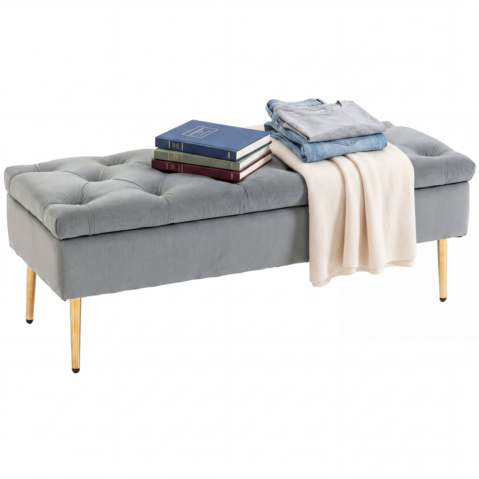 Upholstered Bedroom Bench with Gold Tone Metal Legs, Velvet Button-Tufted Storage Bench, Bench Seat with Thick Padding, Ottoman Bench for Living Room, Hallway, Grey
