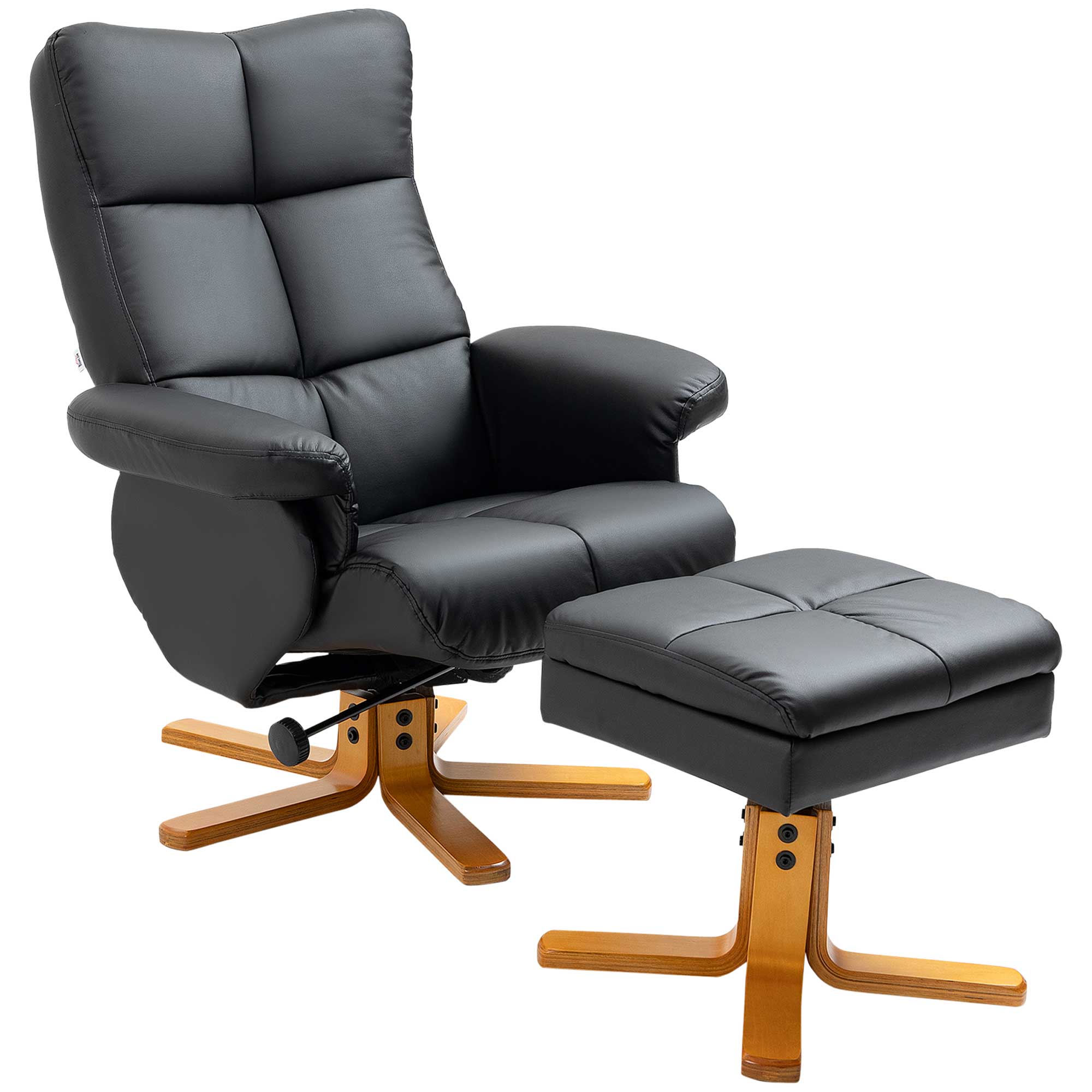 HOMCOM Recliner Armchair, Swivel Reclining Chair With Ottoman, Swivel Faux Leather Chair with Wooden Base and Storage Footstool for Living Room, Black