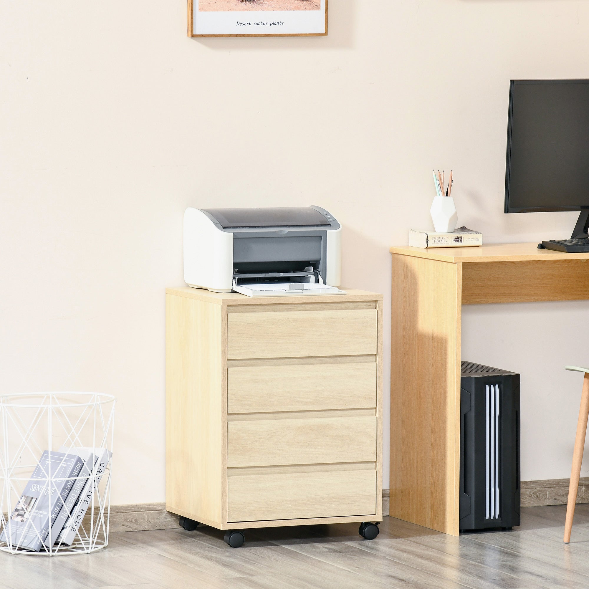 Mobile Filing Cabinet with 4 Drawers, Under Desk Storage Cabinet for Home Office, Natural