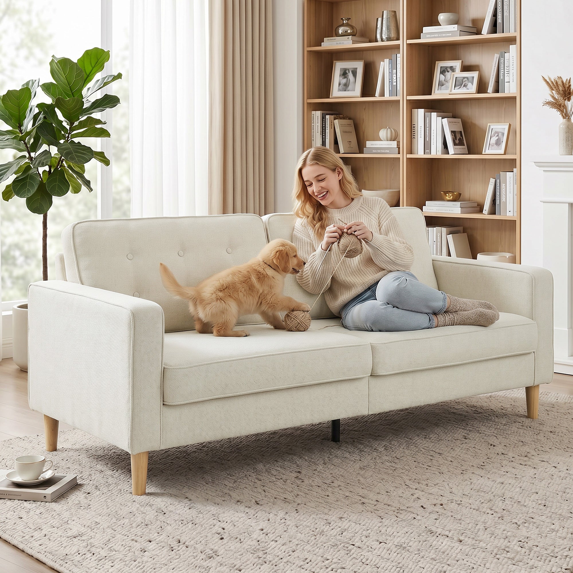 3 Seater Sofa, Upholstered Couch for Bedroom, Modern Sofa Settee with Padded Cushion, Button Tufting and Wood Legs for Living Room, Cream White