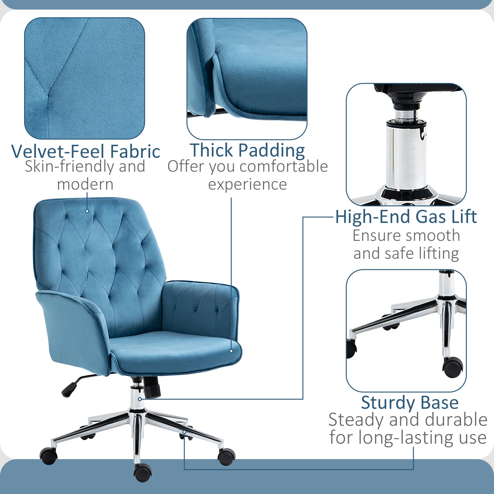 Velvet Home Office Chair Tufted Height Adjustable Desk Chair with Swivel Wheels Blue