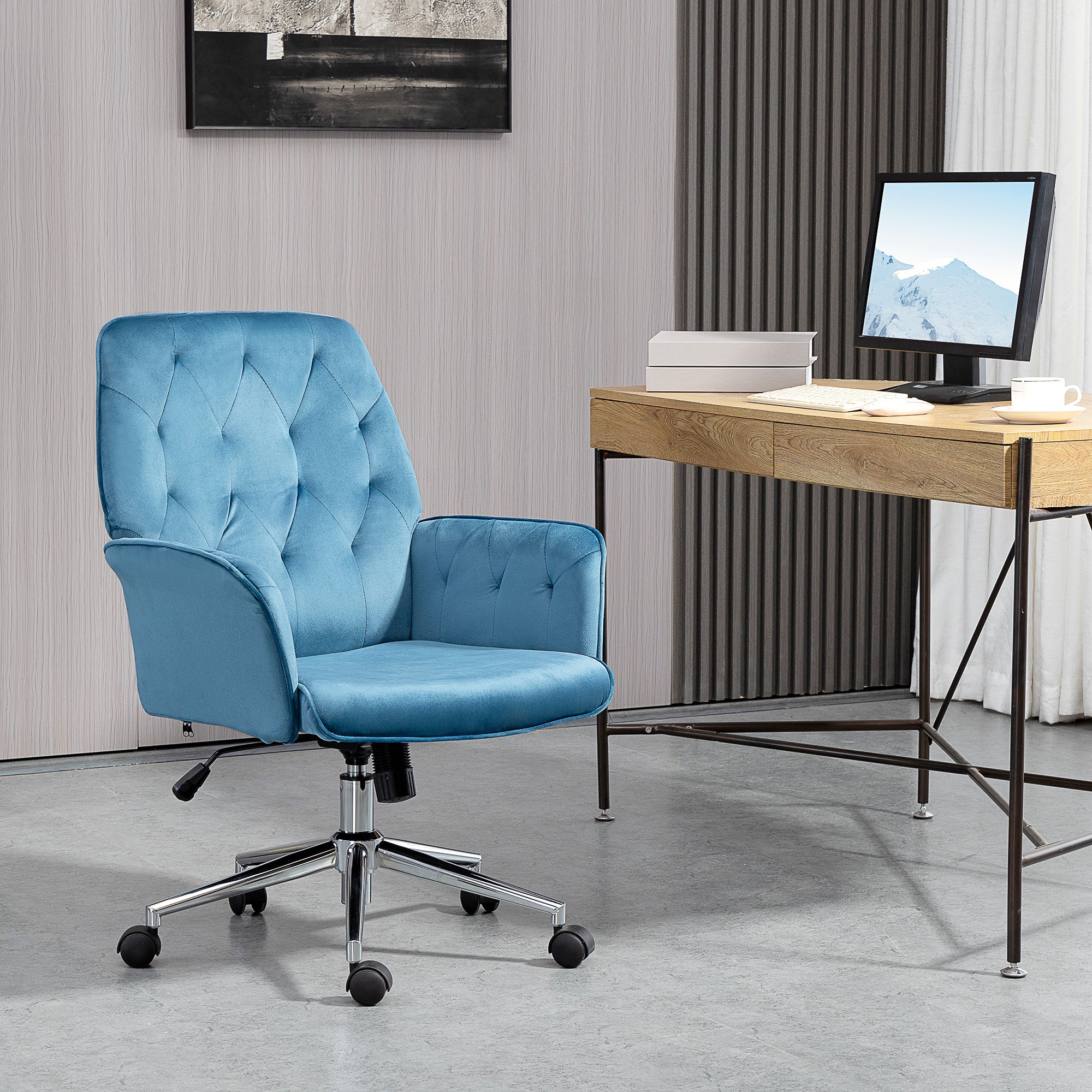 Velvet Home Office Chair Tufted Height Adjustable Desk Chair with Swivel Wheels Blue