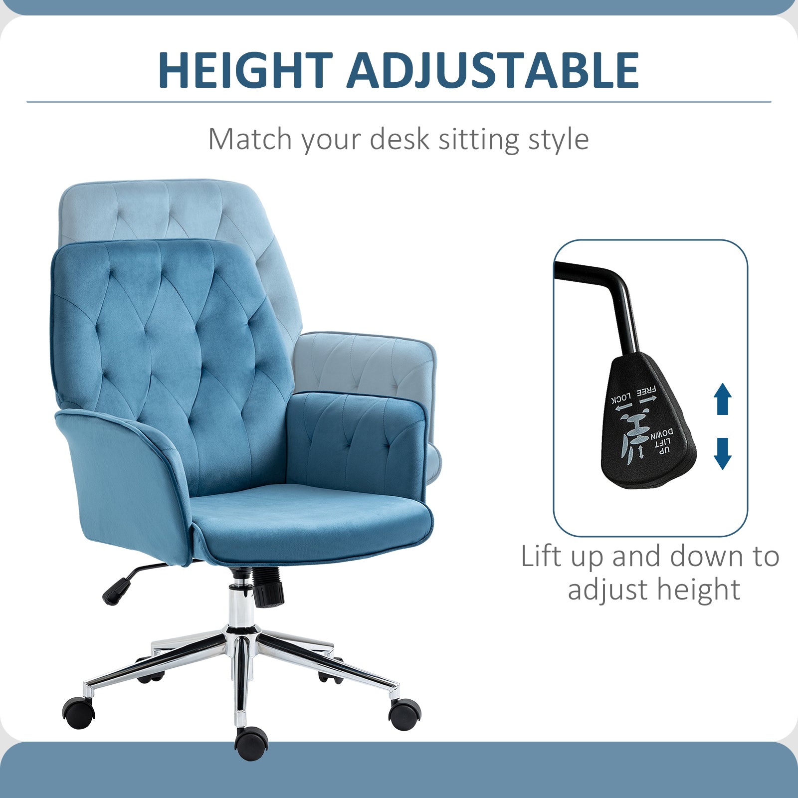 Velvet Home Office Chair Tufted Height Adjustable Desk Chair with Swivel Wheels Blue