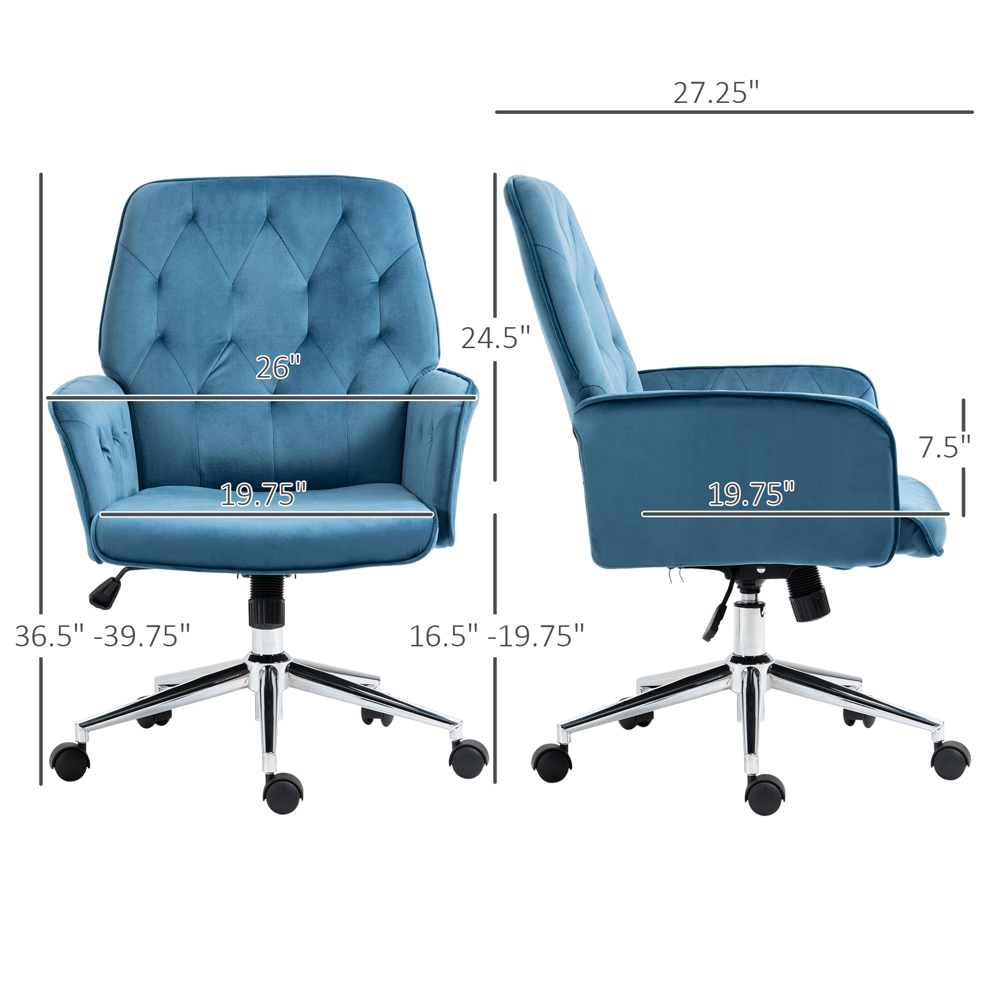Velvet Home Office Chair Tufted Height Adjustable Desk Chair with Swivel Wheels Blue