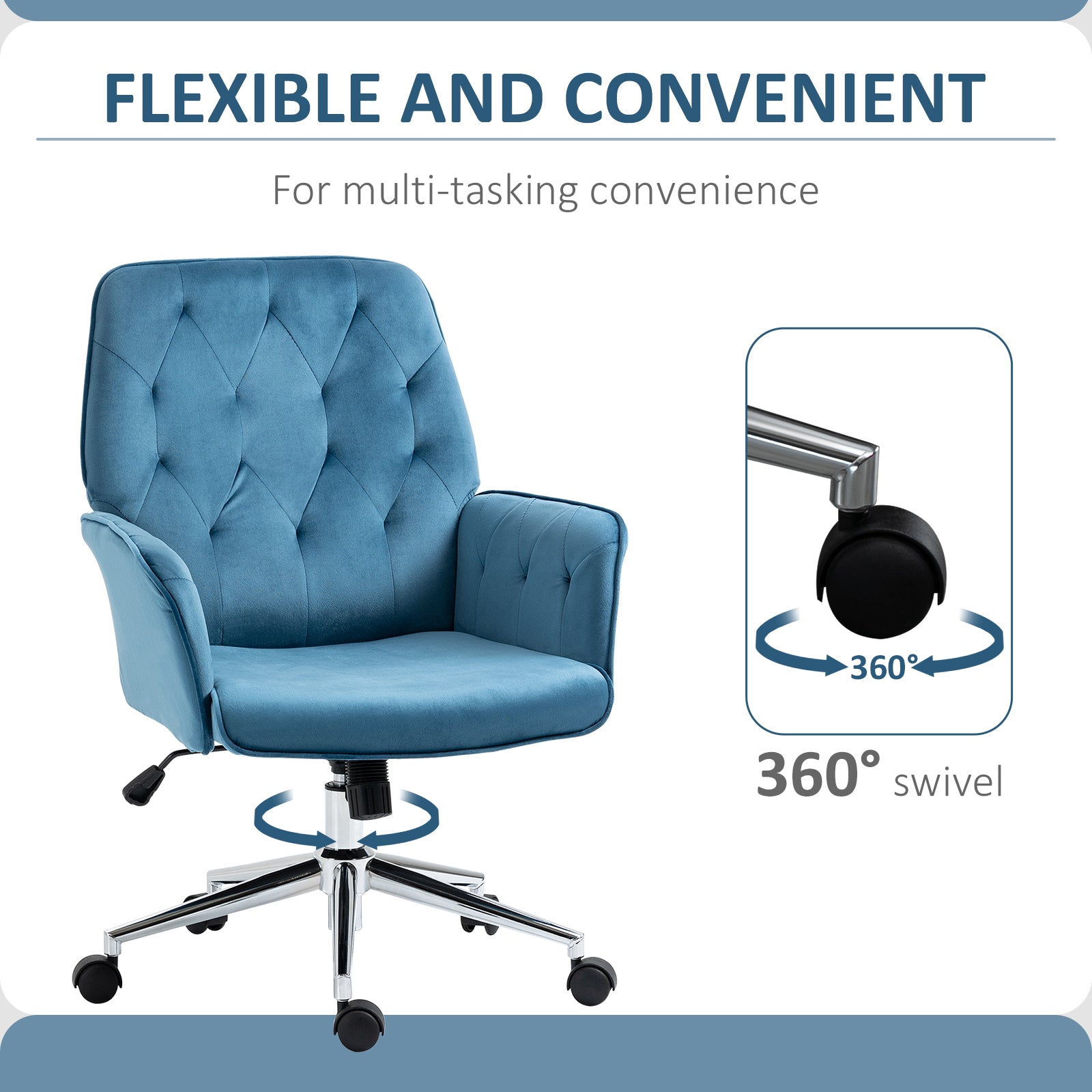 Velvet Home Office Chair Tufted Height Adjustable Desk Chair with Swivel Wheels Blue