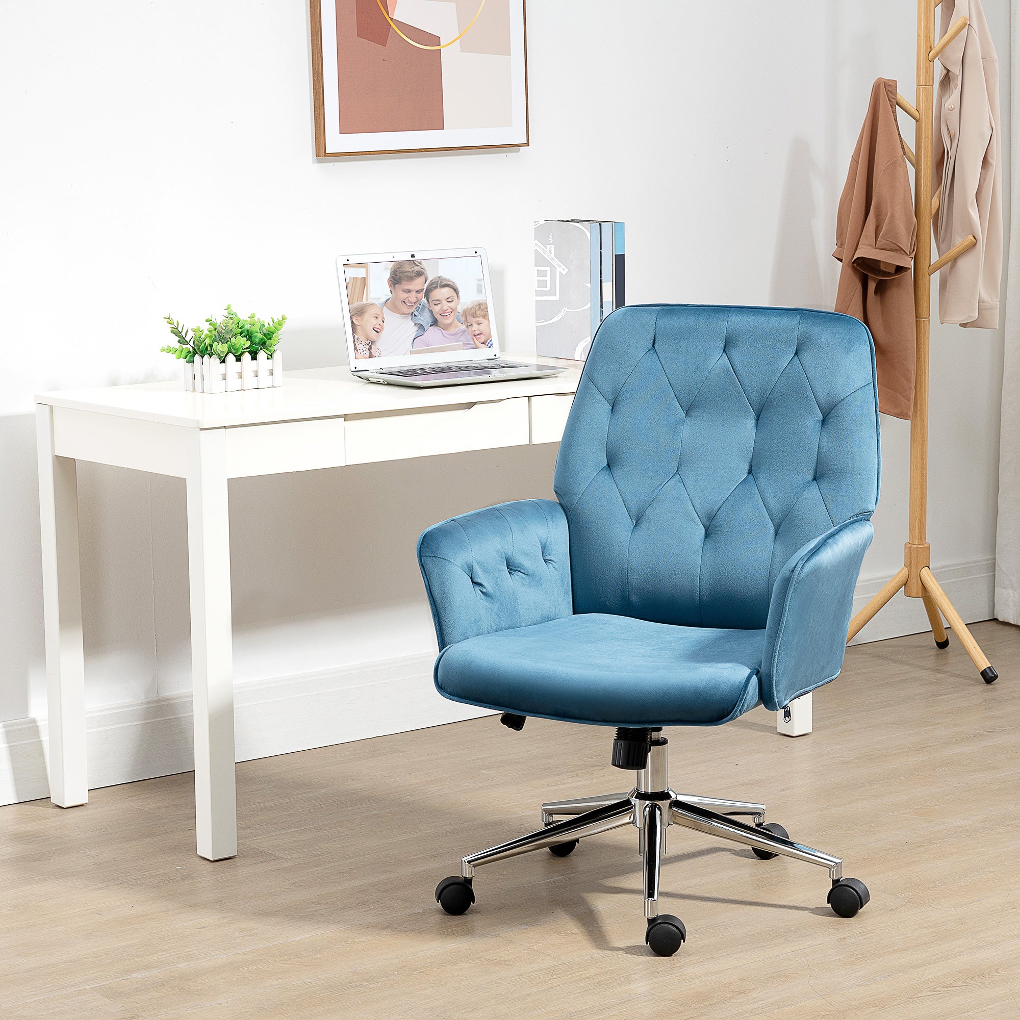Velvet Home Office Chair Tufted Height Adjustable Desk Chair with Swivel Wheels Blue