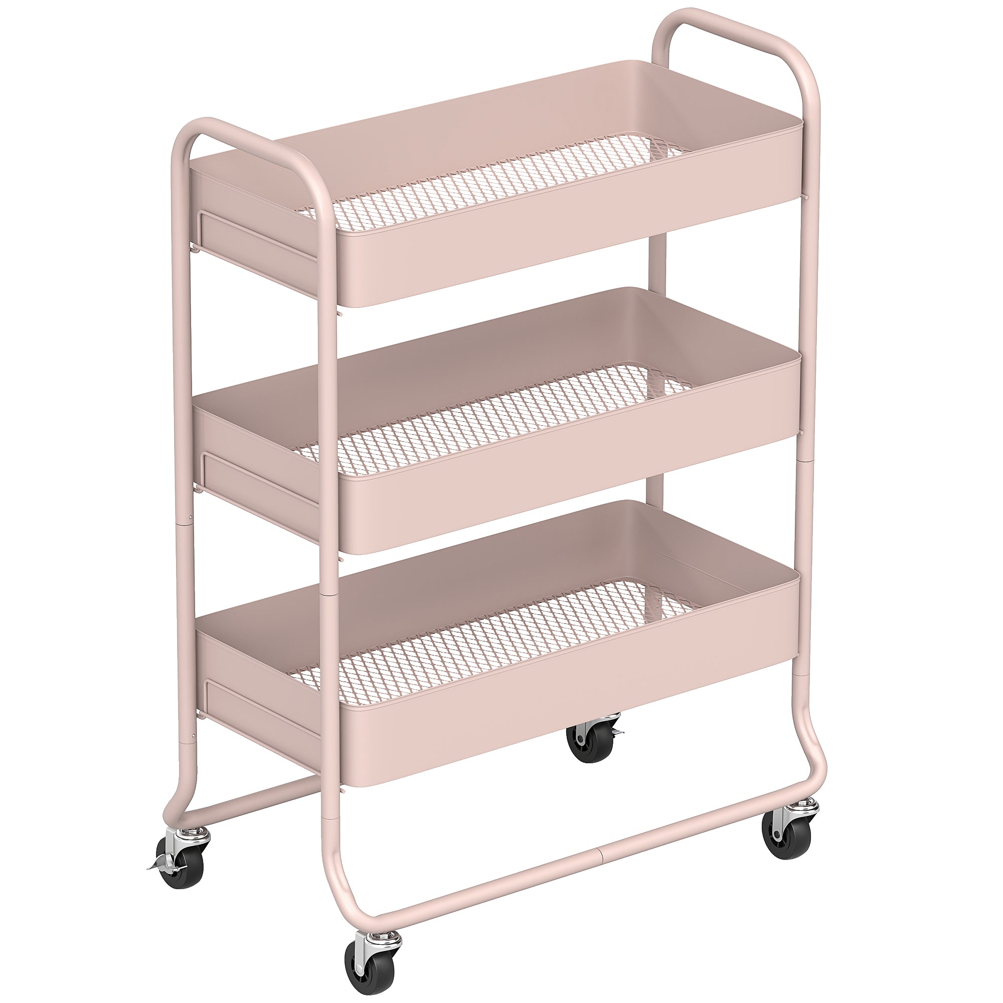 3-Tier Storage Trolley on Wheels, Rolling Utility Cart with Mesh Backets, Mobile Storage Cart for Kitchen, Bathroom, Bedroom, Light Pink