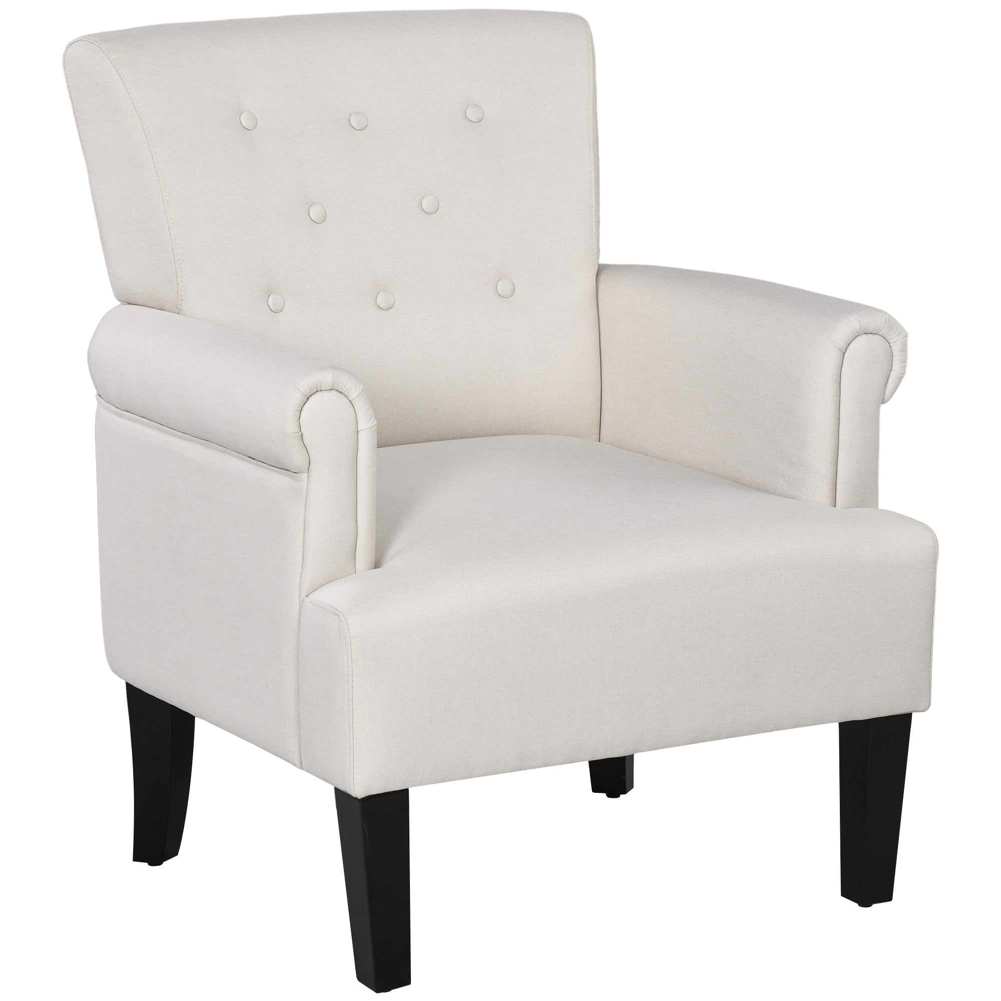 HOMCOM Fabric Accent Chair, Tufted Armchair, Modern Living Room Chair with Wood Legs, Rolled Arms, Thick Padding for Bedroom, Cream White