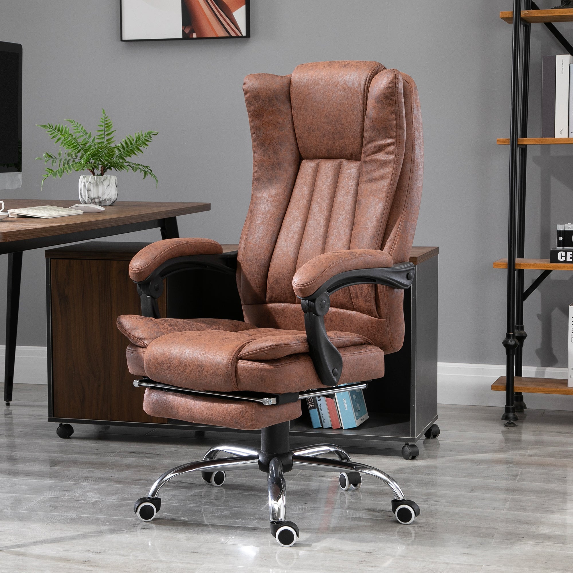 Vinsetto Office Chair with Massage and Heat, Microfibre Reclining Computer Desk Chair with Footrest and Adjustable Height, Swivel Wheels for Home Office, Brown