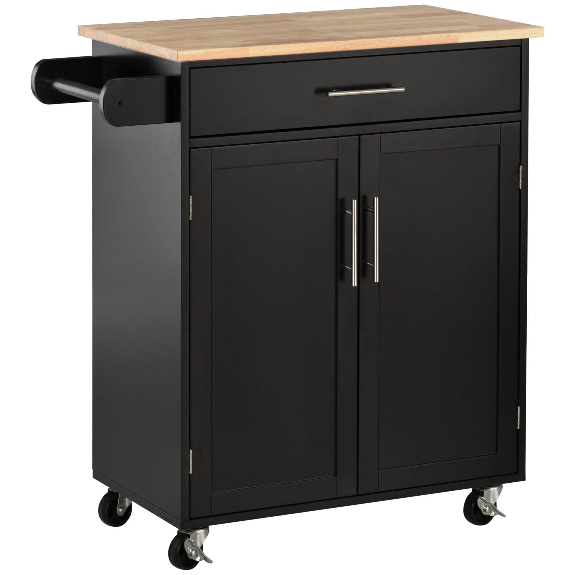 Kitchen Island Cart Rolling Trolley with Drawer Storage Cabinet & Towel Rack Black