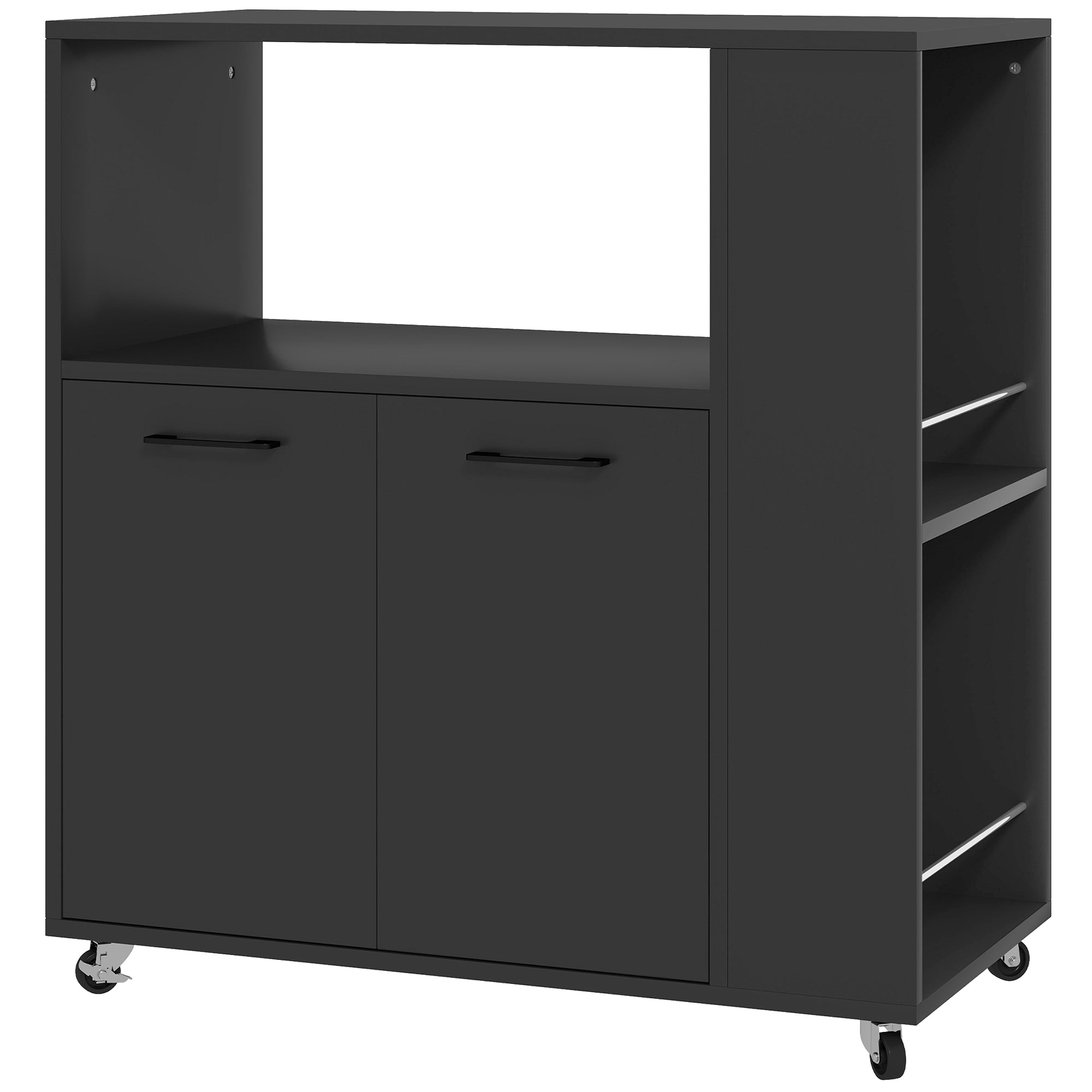 Kitchen Trolley on Wheels, Rolling Kitchen Island Cart with 2-Door Cabinet, Spice Rack and Adjustable Shelf, Storage Serving Trolley Cart for Dining Room, Living Room, Black