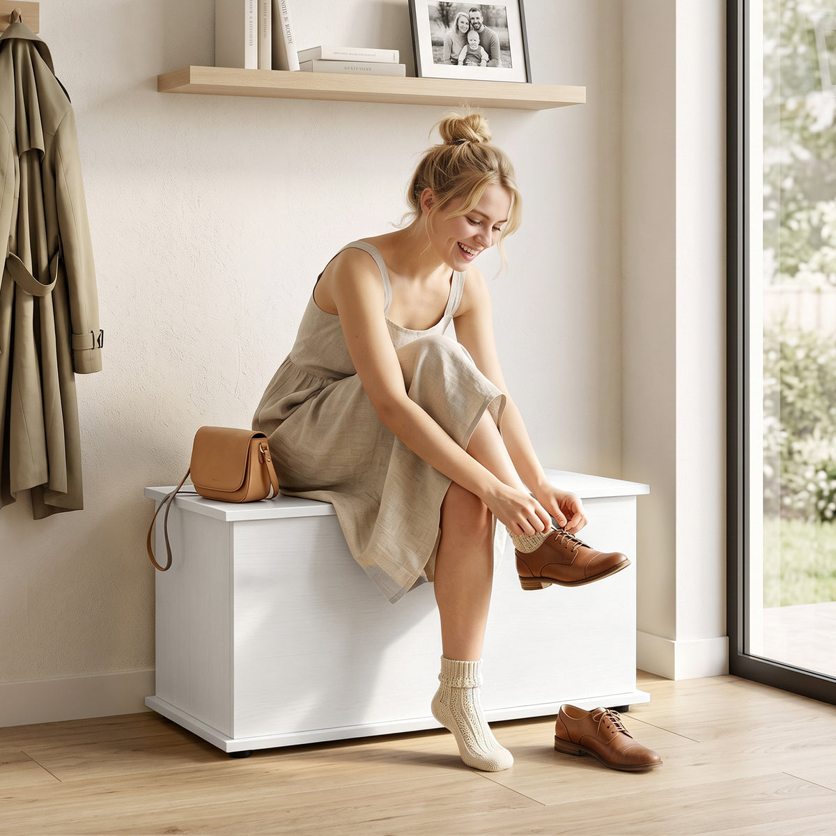 31.5" Lift Top Storage Chest with Safety Hinge, Storage Box Organizer with Flip-Top Lid, Entryway Storage Bench for Bedroom, Hallway, White
