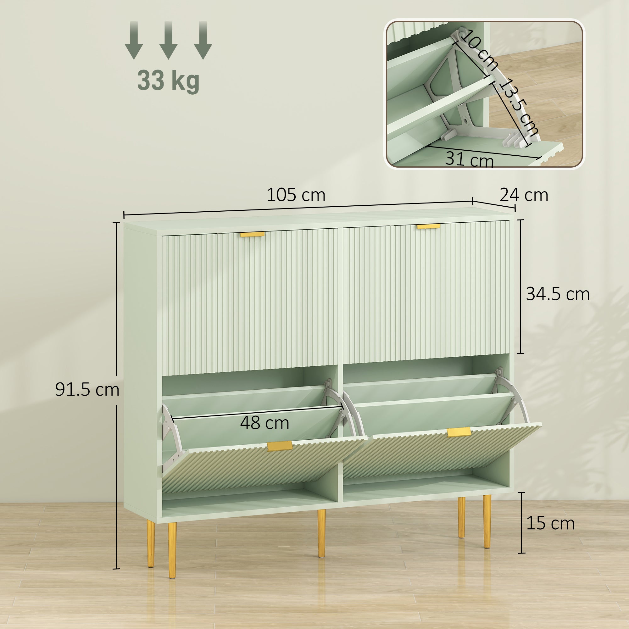 Narrow Shoe Cabinet with 4 Flip Drawers, Modern Slim Shoe Storage Cabinet with Fluted Doors and Adjustable Shelves for Hallway, Holds 10-20 Pairs, Light Green