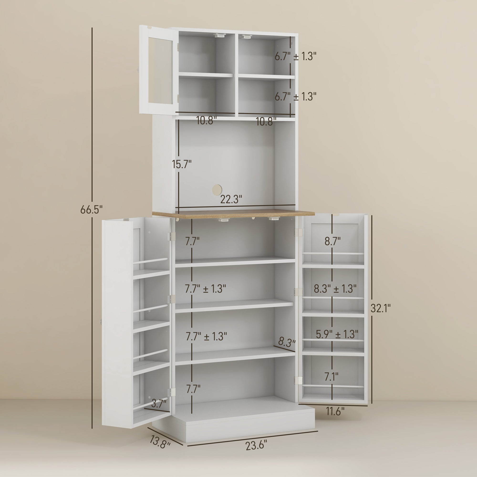 67" Tall Freestanding Pantry Kitchen Hutch Cabinet with Adjustable Shelves, White