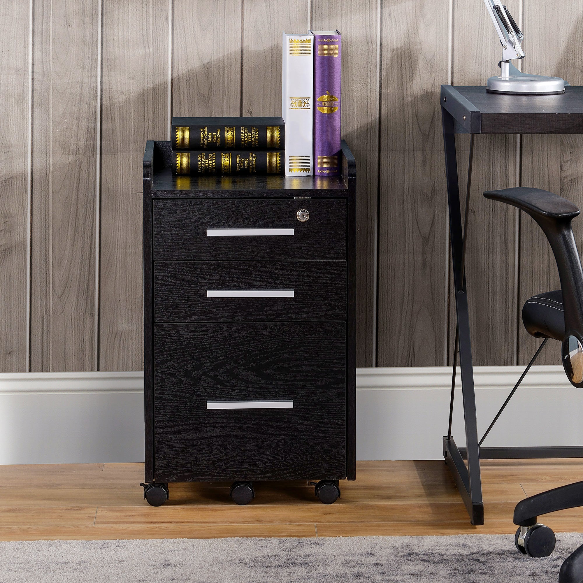 HOMCOM 3 Drawer File Cabinet with Lock and Edged Top, Lockable Filing Cabinet on Wheels with Hanging Bars for Letter and A4 Size, Black