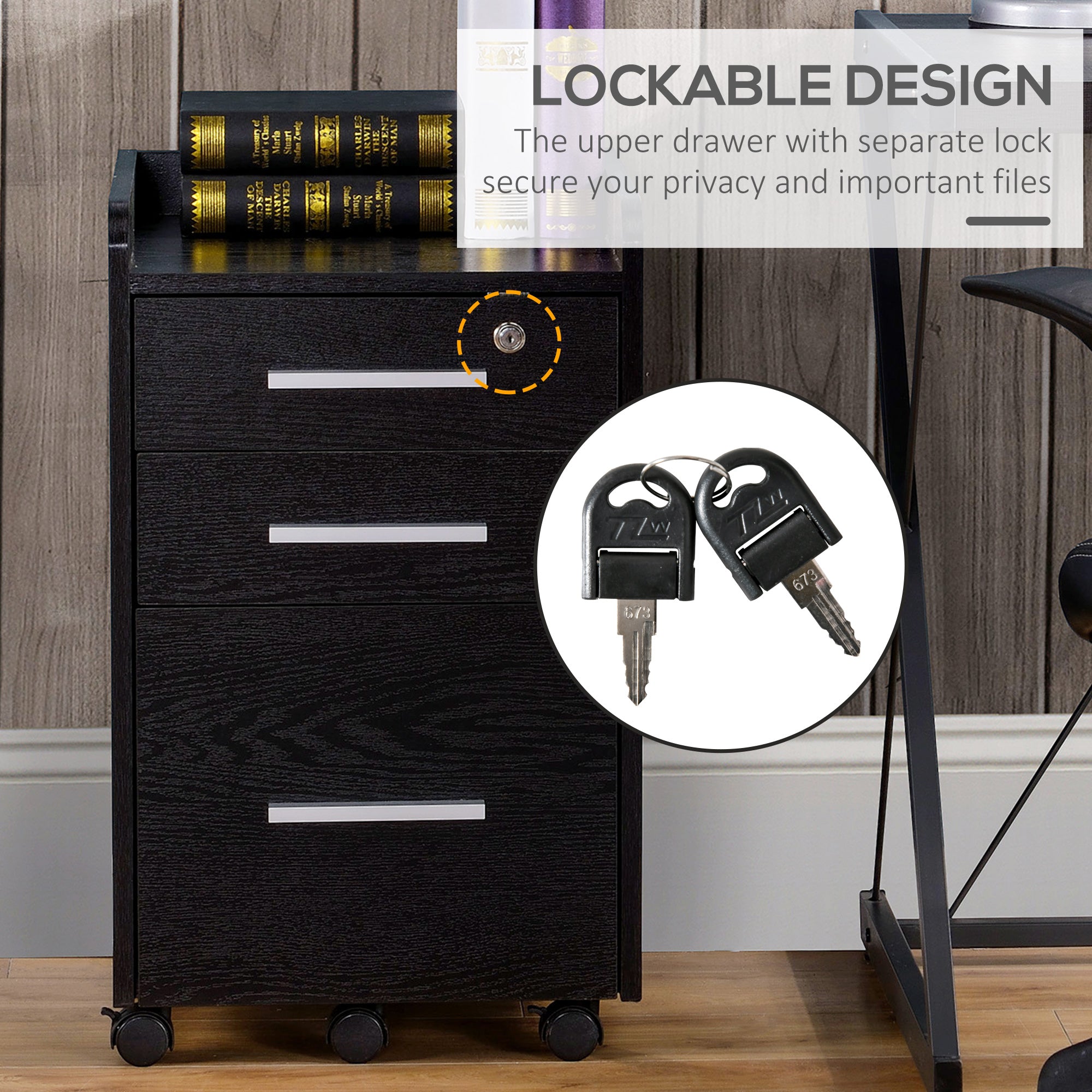 HOMCOM 3 Drawer File Cabinet with Lock and Edged Top, Lockable Filing Cabinet on Wheels with Hanging Bars for Letter and A4 Size, Black
