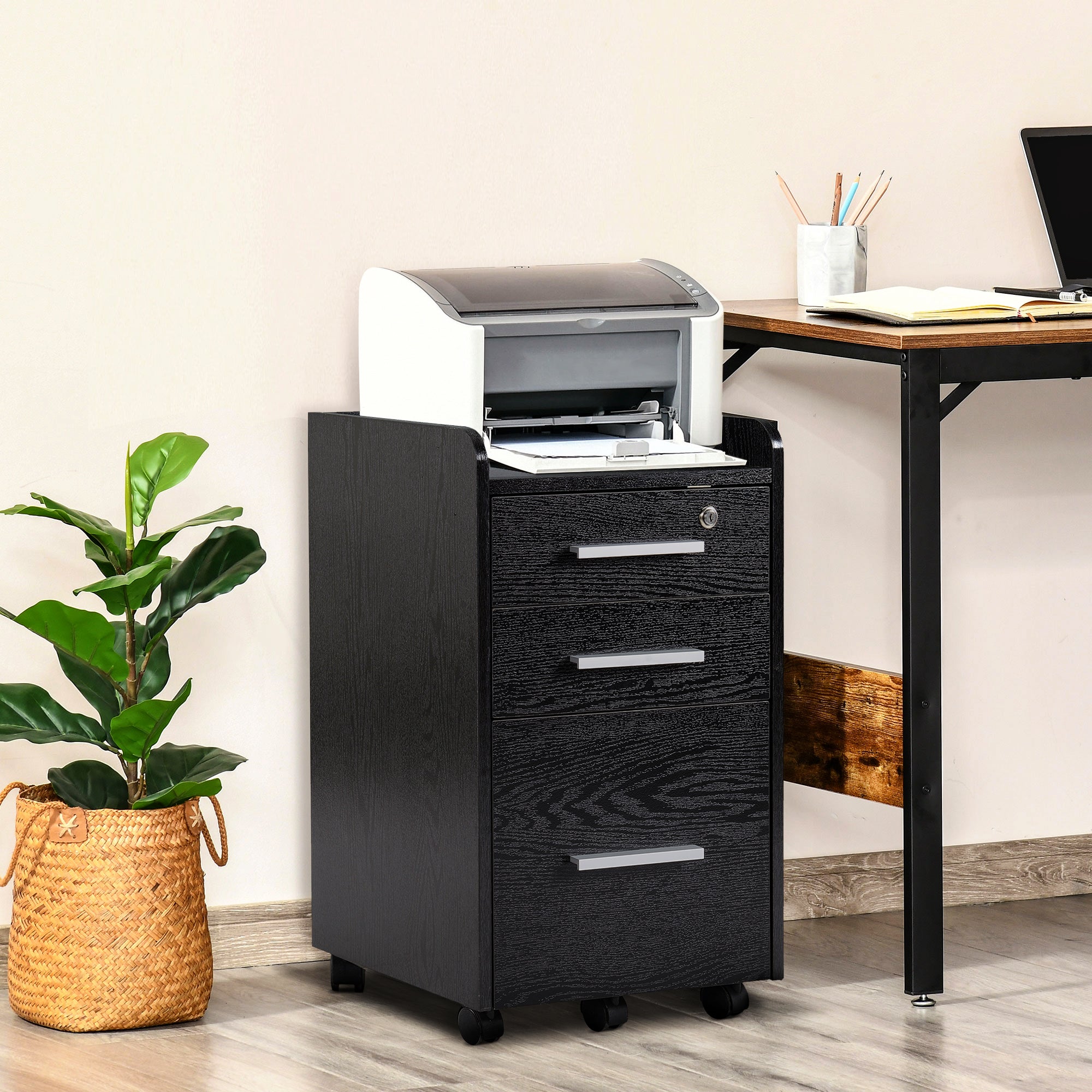 HOMCOM 3 Drawer File Cabinet with Lock and Edged Top, Lockable Filing Cabinet on Wheels with Hanging Bars for Letter and A4 Size, Black