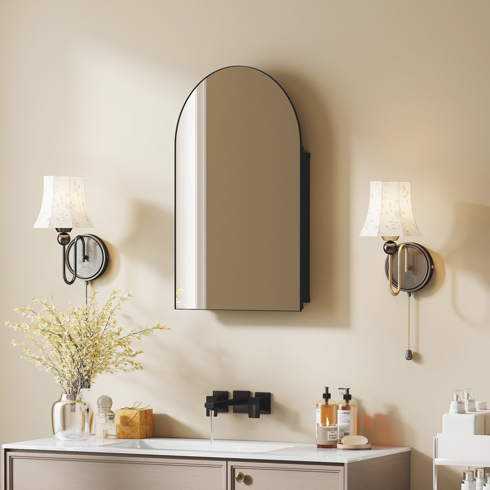 Arched Bathroom Mirror Cabinet, Bathroom Wall Cabinet with Mirror and Storage Shelves, 50 x 76 cm, Black