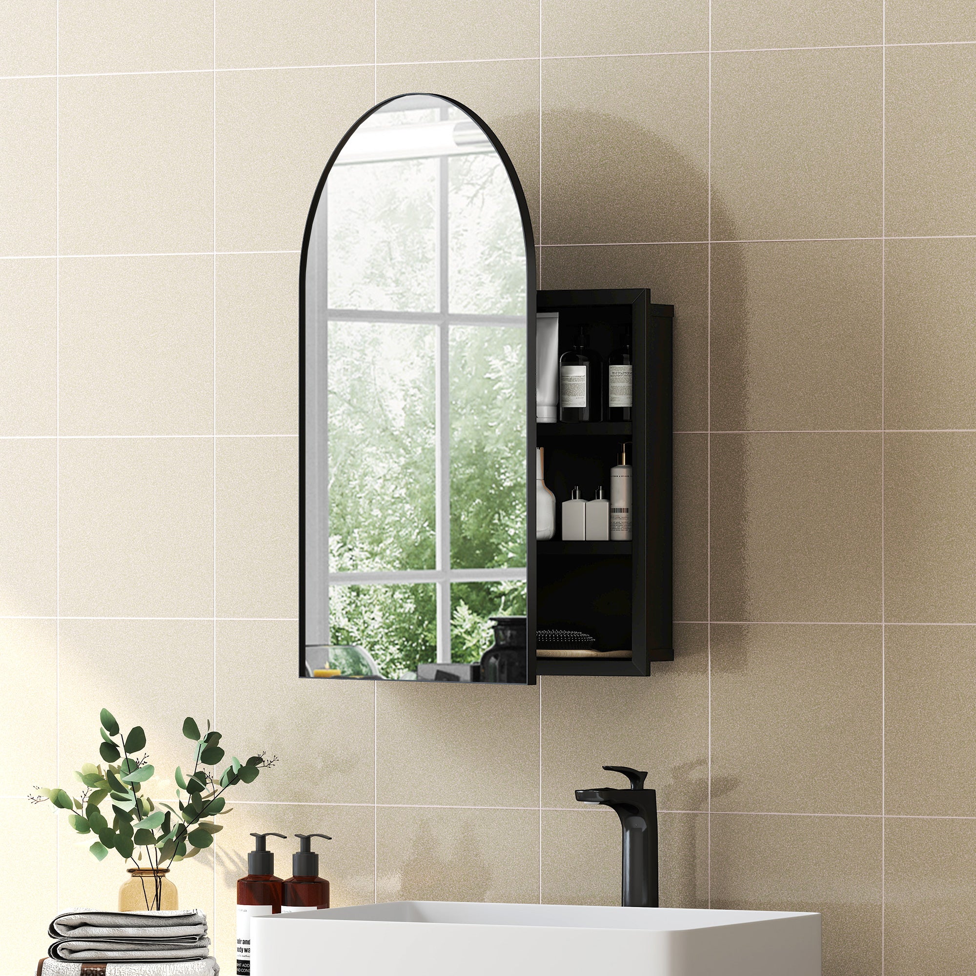 Arched Bathroom Mirror Cabinet, Bathroom Wall Cabinet with Mirror and Storage Shelves, 50 x 76 cm, Black