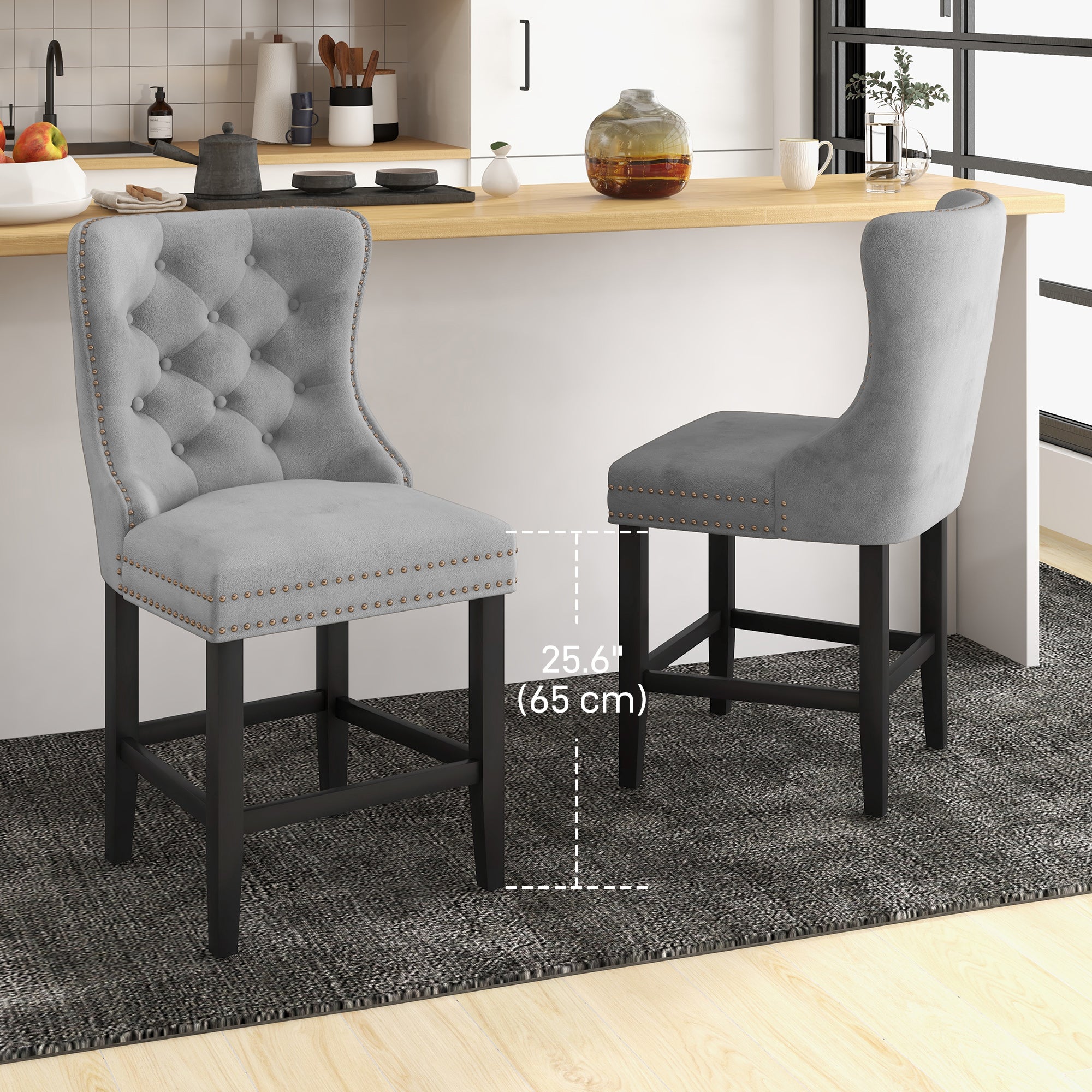 HOMCOM Counter Height Bar Stools Set of 2, Upholstered Wingback Barstools with Wide Seat, Button Tufting and Nailhead Trim, Grey