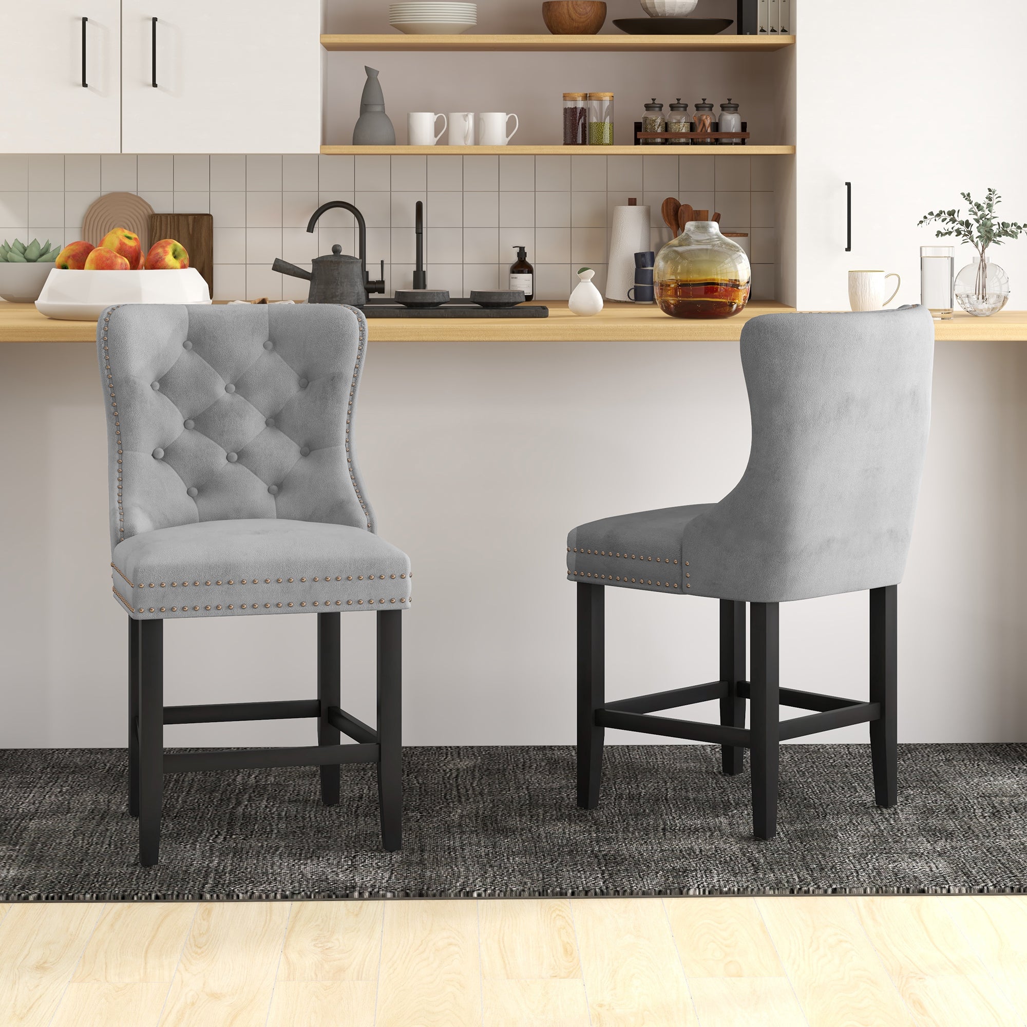 HOMCOM Counter Height Bar Stools Set of 2, Upholstered Wingback Barstools with Wide Seat, Button Tufting and Nailhead Trim, Grey