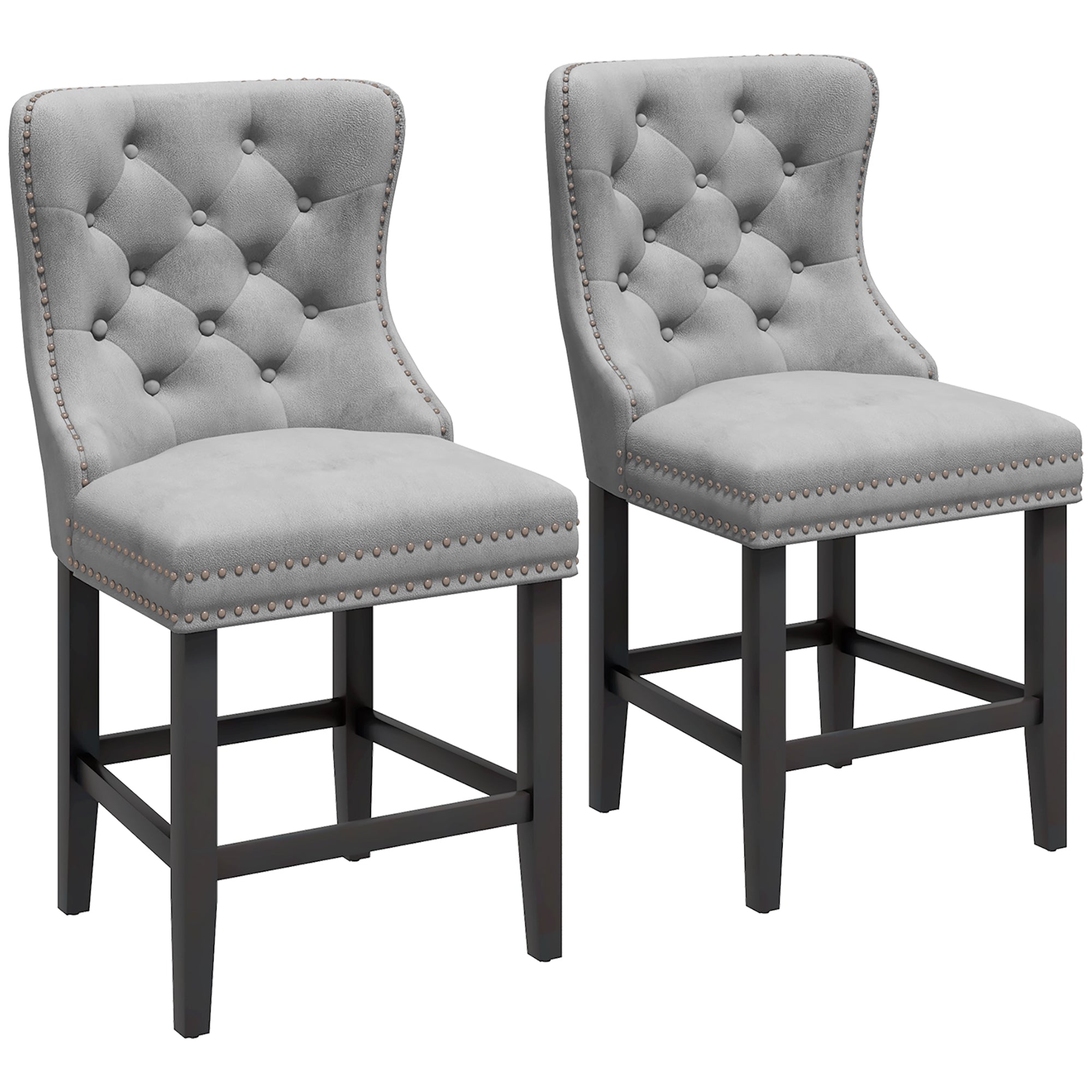 HOMCOM Counter Height Bar Stools Set of 2, Upholstered Wingback Barstools with Wide Seat, Button Tufting and Nailhead Trim, Grey