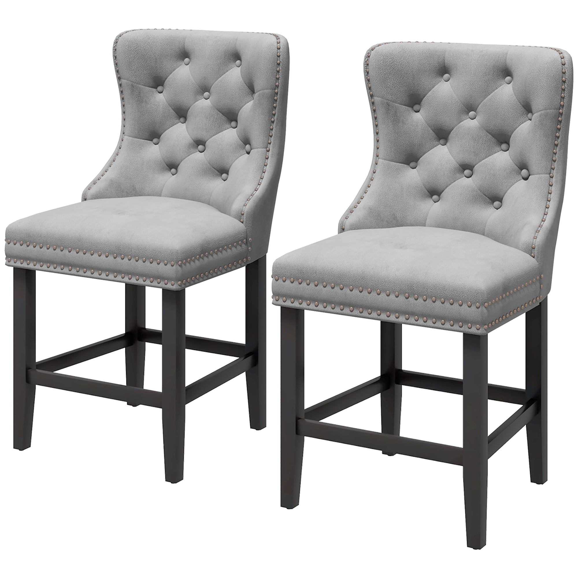 HOMCOM Counter Height Bar Stools Set of 2, Upholstered Wingback Barstools with Wide Seat, Button Tufting and Nailhead Trim, Grey