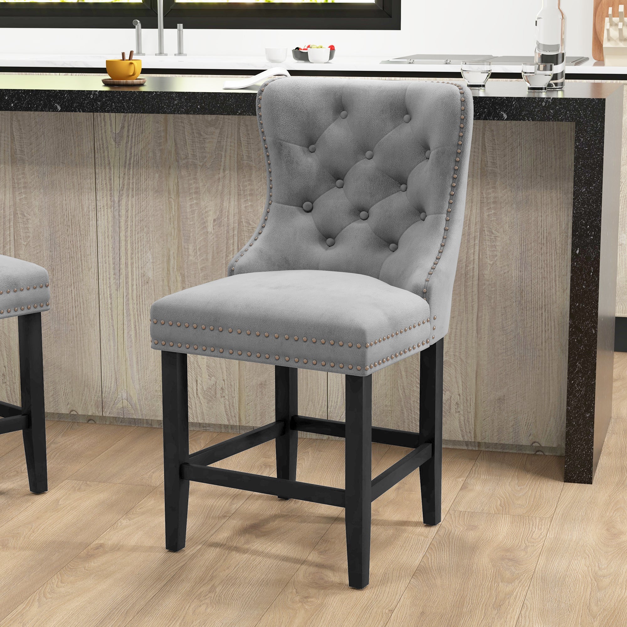 HOMCOM Counter Height Bar Stools Set of 2, Upholstered Wingback Barstools with Wide Seat, Button Tufting and Nailhead Trim, Grey