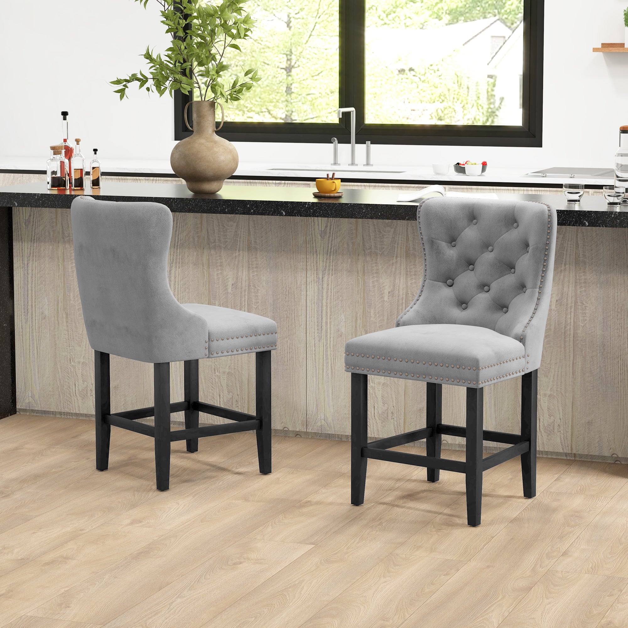 HOMCOM Counter Height Bar Stools Set of 2, Upholstered Wingback Barstools with Wide Seat, Button Tufting and Nailhead Trim, Grey