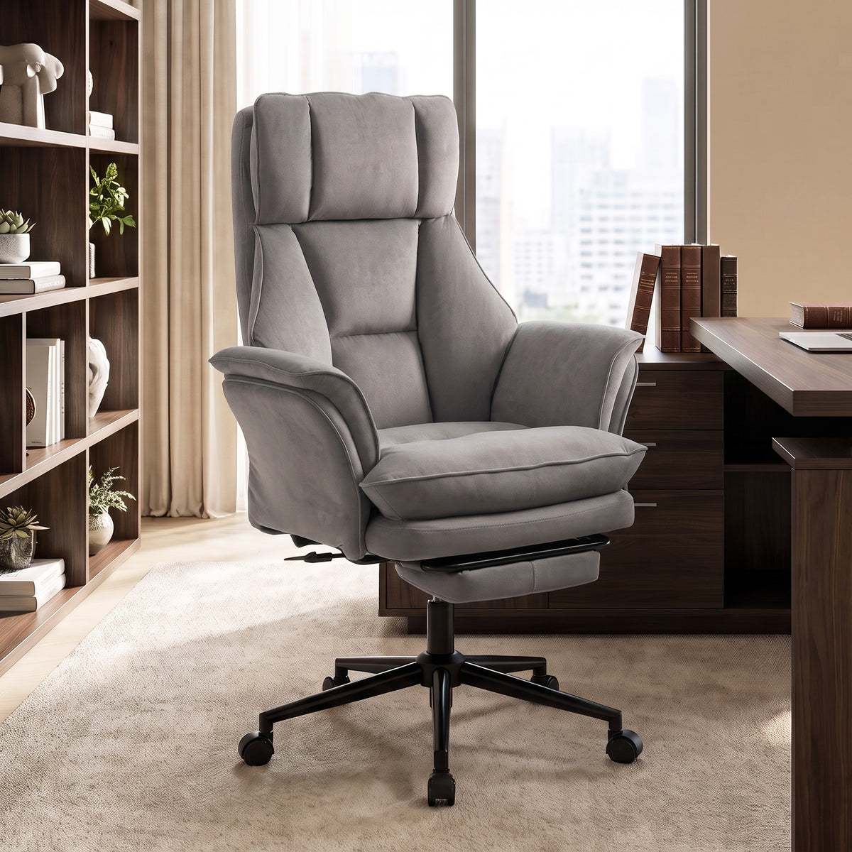 Cross Legged Office Chair with Footrest, 396 lbs Reclining Computer Desk Chair with High Back, Flip-up Armrests, Adjustable Height, Thick Cushion, Rocking Function, Grey
