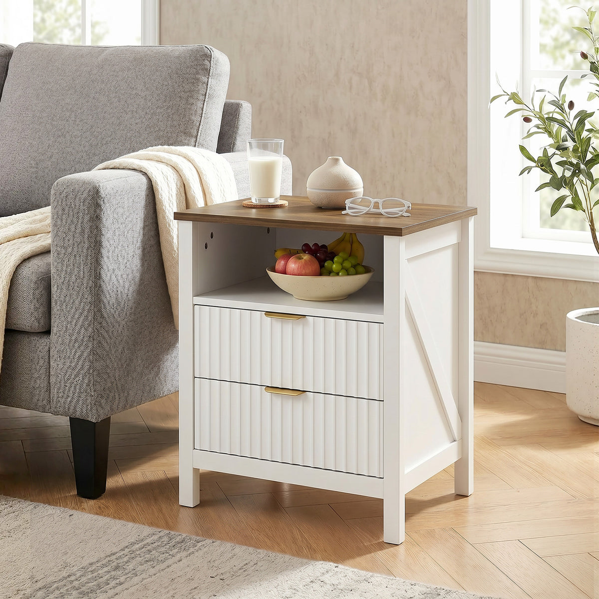 Modern Nightstand with 2 Fluted Drawers, Bedside Table with Open Storage Shelf, Anti-tipping Design, Side End Table for Bedroom Living Room Study, White and Walnut