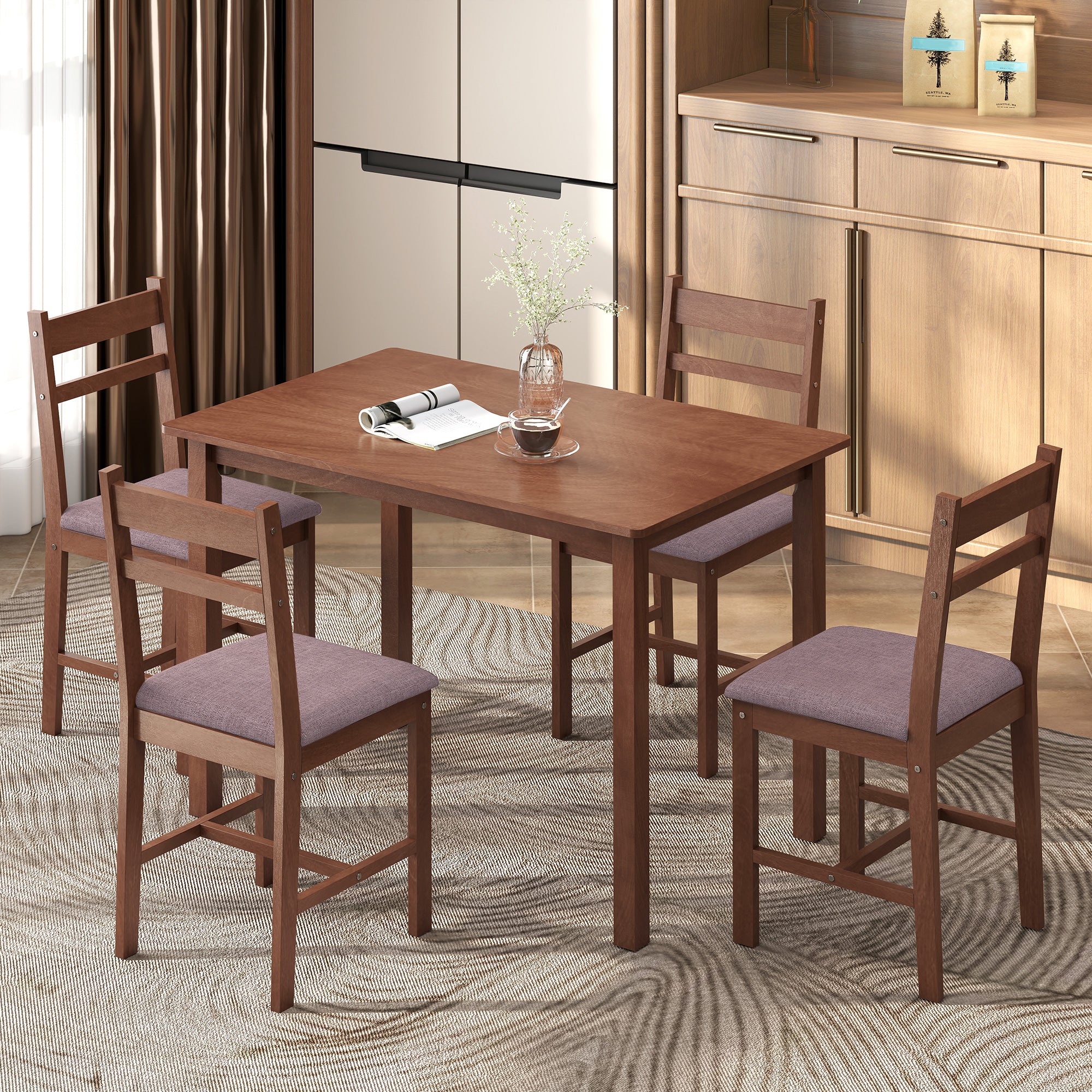 5-Piece Solid Wood Dining Table Set for 4, Farmhouse Kitchen Table with Upholstered Chairs for Small Space, Dining Room, Breakfast Nook, Light Brown and Brown