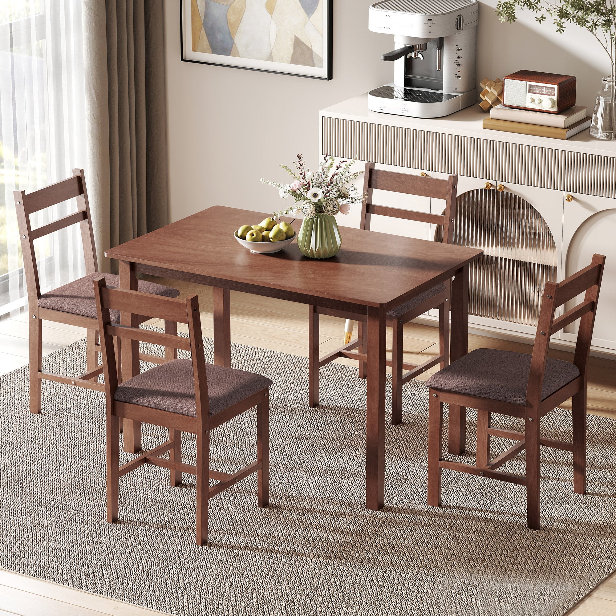 5-Piece Solid Wood Dining Table Set for 4, Farmhouse Kitchen Table with Upholstered Chairs for Small Space, Dining Room, Breakfast Nook, Light Brown and Brown