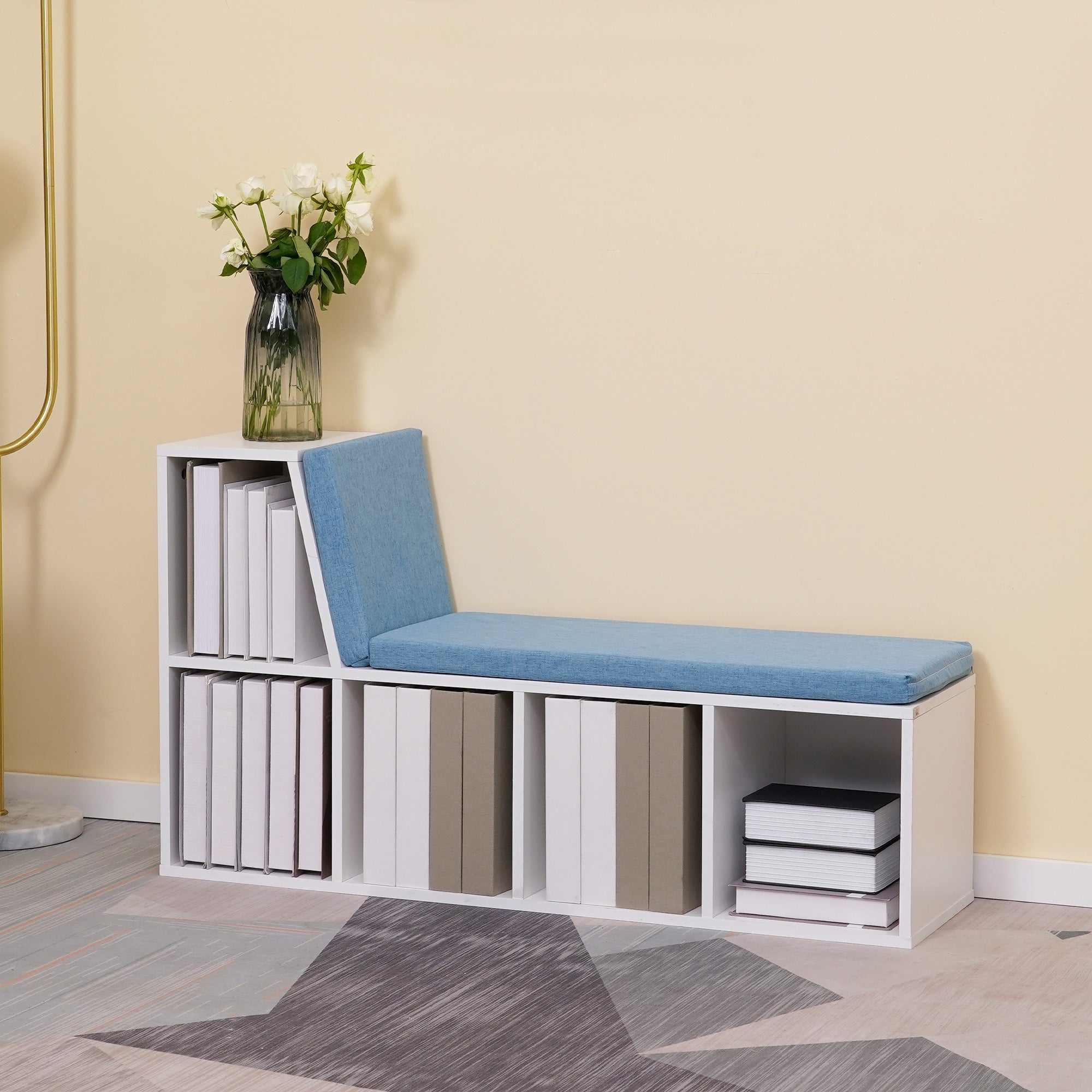 HOMCOM Bookshelf with Reading Nook, Bookcase with Seat Cushion, 5 Cube Storage Shelf for Home Office, Study, Blue