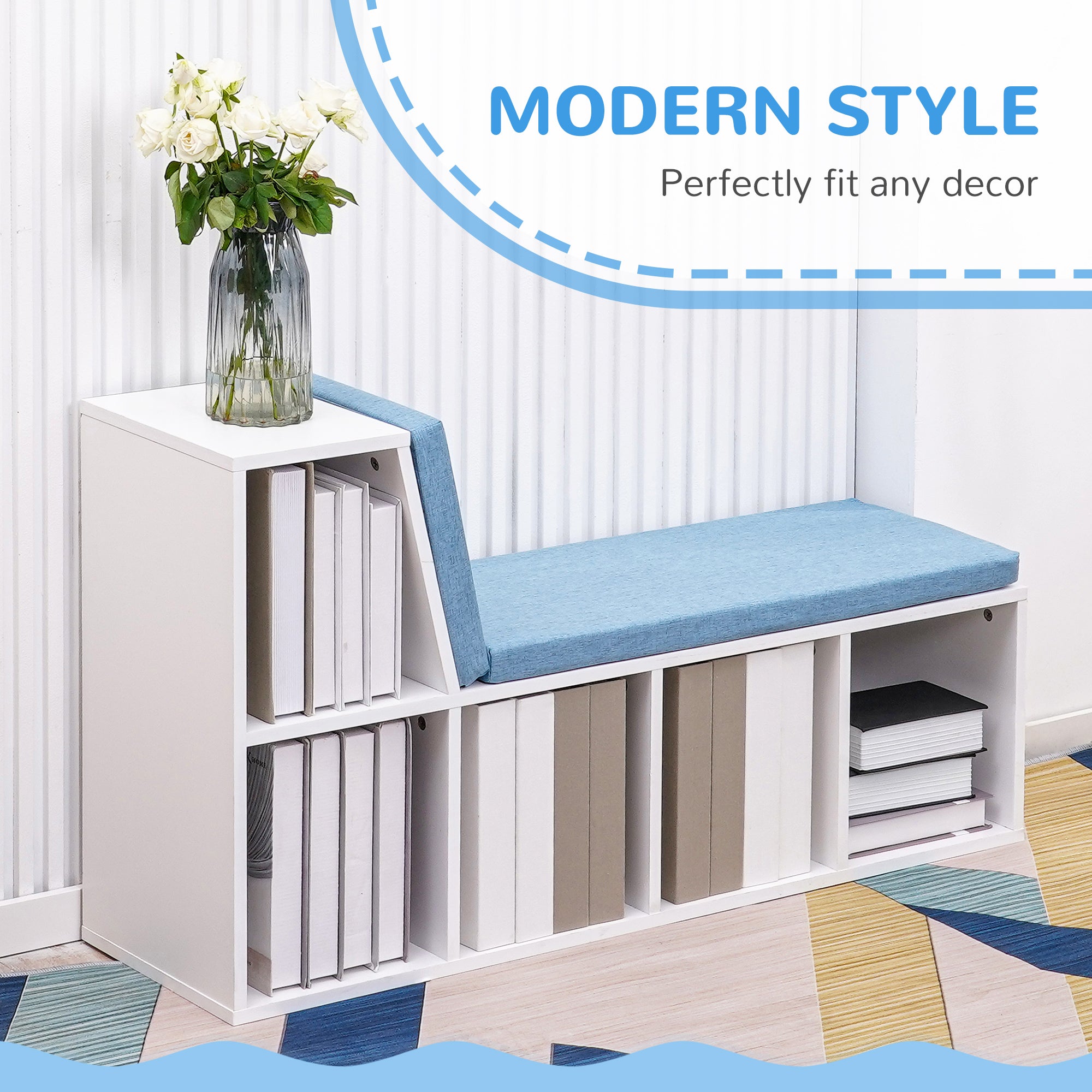 HOMCOM Bookshelf with Reading Nook, Bookcase with Seat Cushion, 5 Cube Storage Shelf for Home Office, Study, Blue