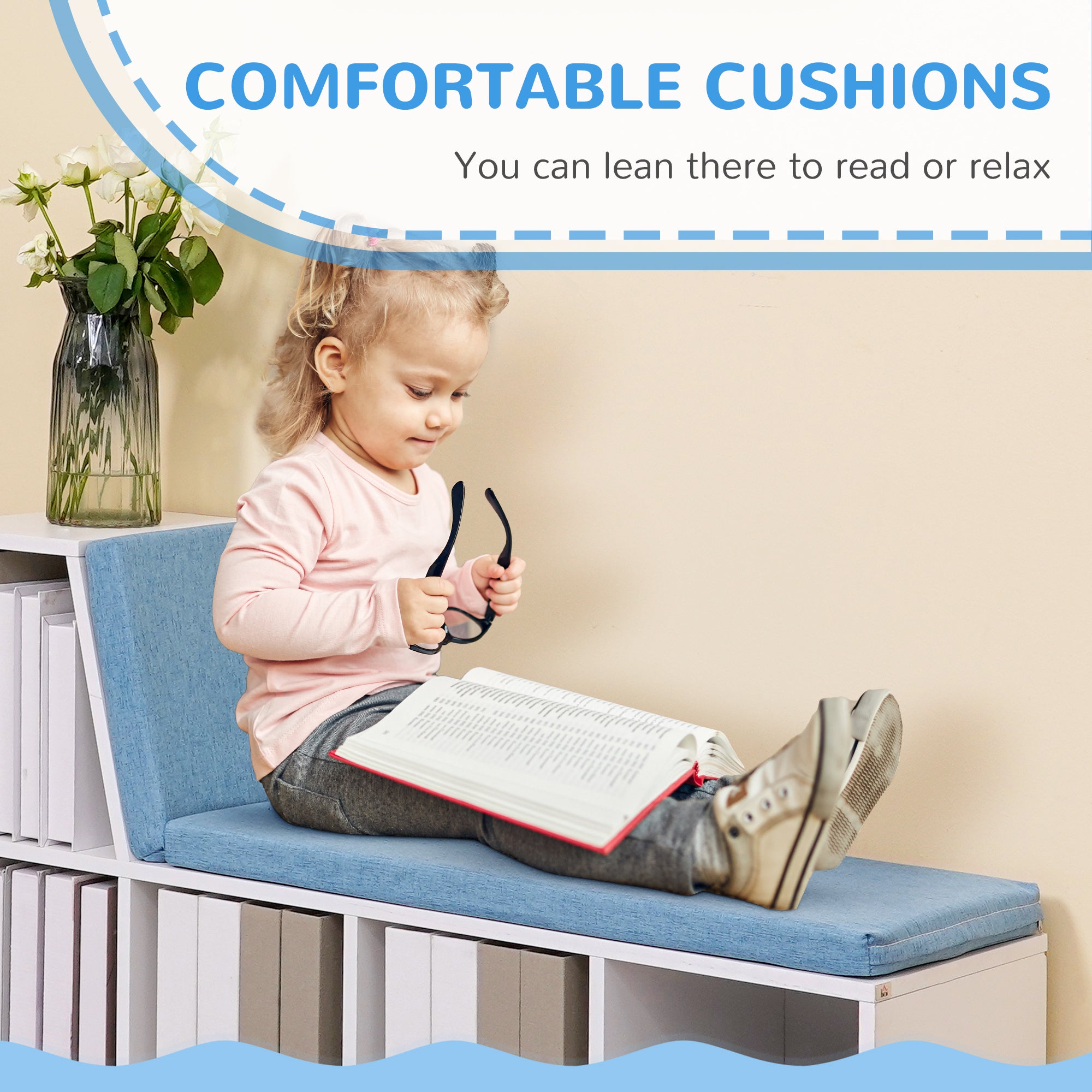 HOMCOM Bookshelf with Reading Nook, Bookcase with Seat Cushion, 5 Cube Storage Shelf for Home Office, Study, Blue