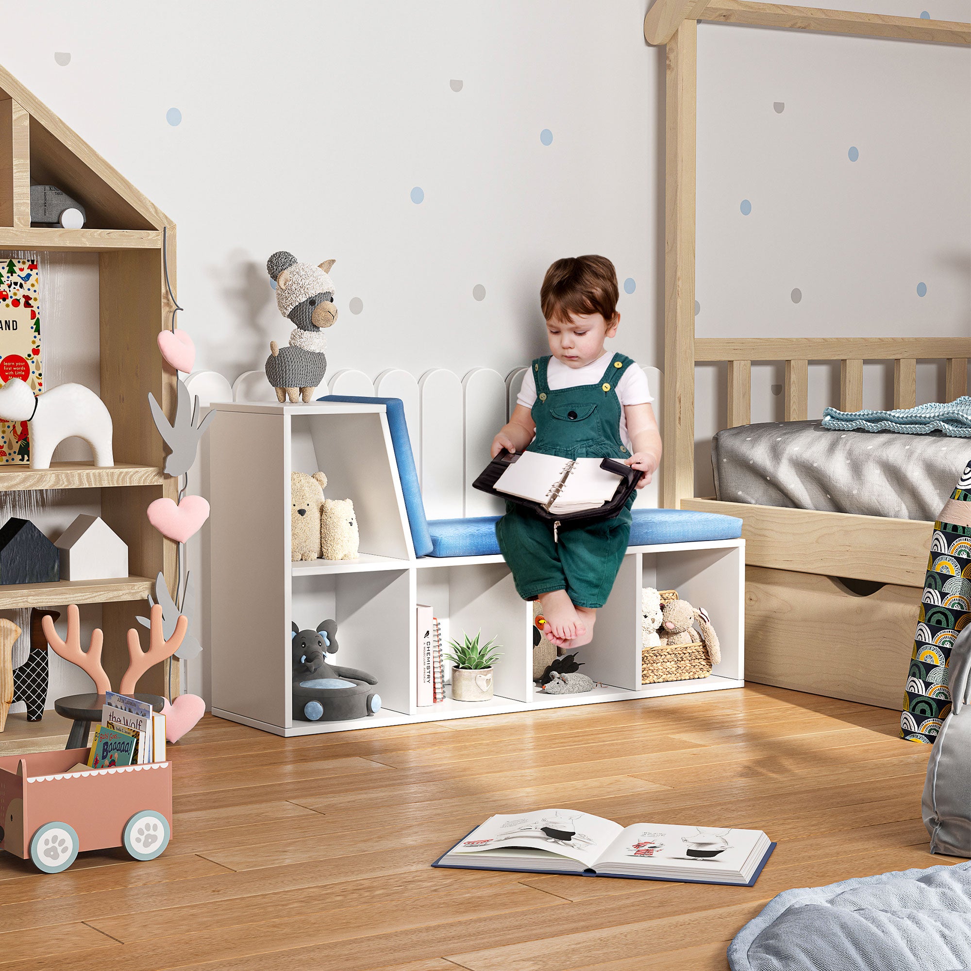 HOMCOM Bookshelf with Reading Nook, Bookcase with Seat Cushion, 5 Cube Storage Shelf for Home Office, Study, Blue