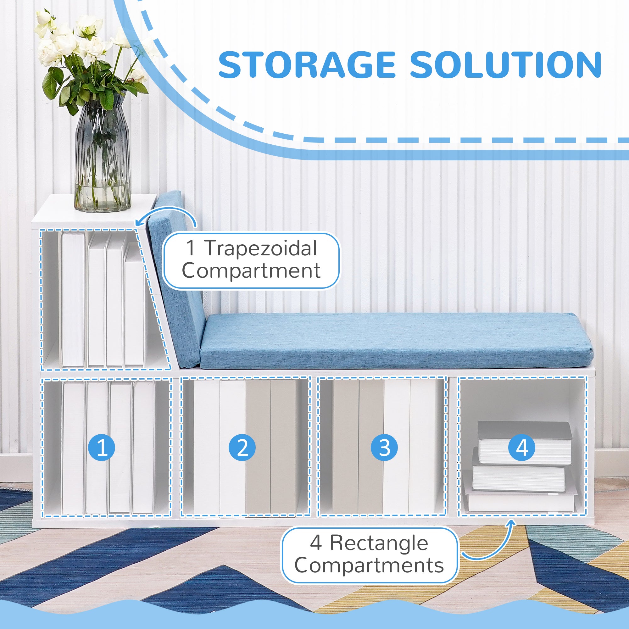 HOMCOM Bookshelf with Reading Nook, Bookcase with Seat Cushion, 5 Cube Storage Shelf for Home Office, Study, Blue