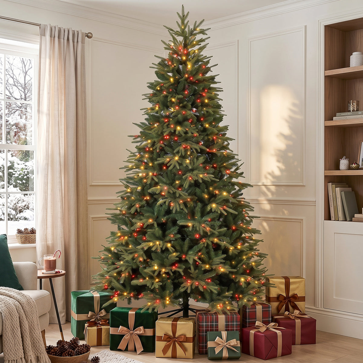 9ft Prelit Christmas Tree with Colourful DIY LEDs, Frasier Grande Fir, Hinged Xmas Tree with Remote, 12 Modes, Daily Timer, Dense Tips, Adjustable Brightness