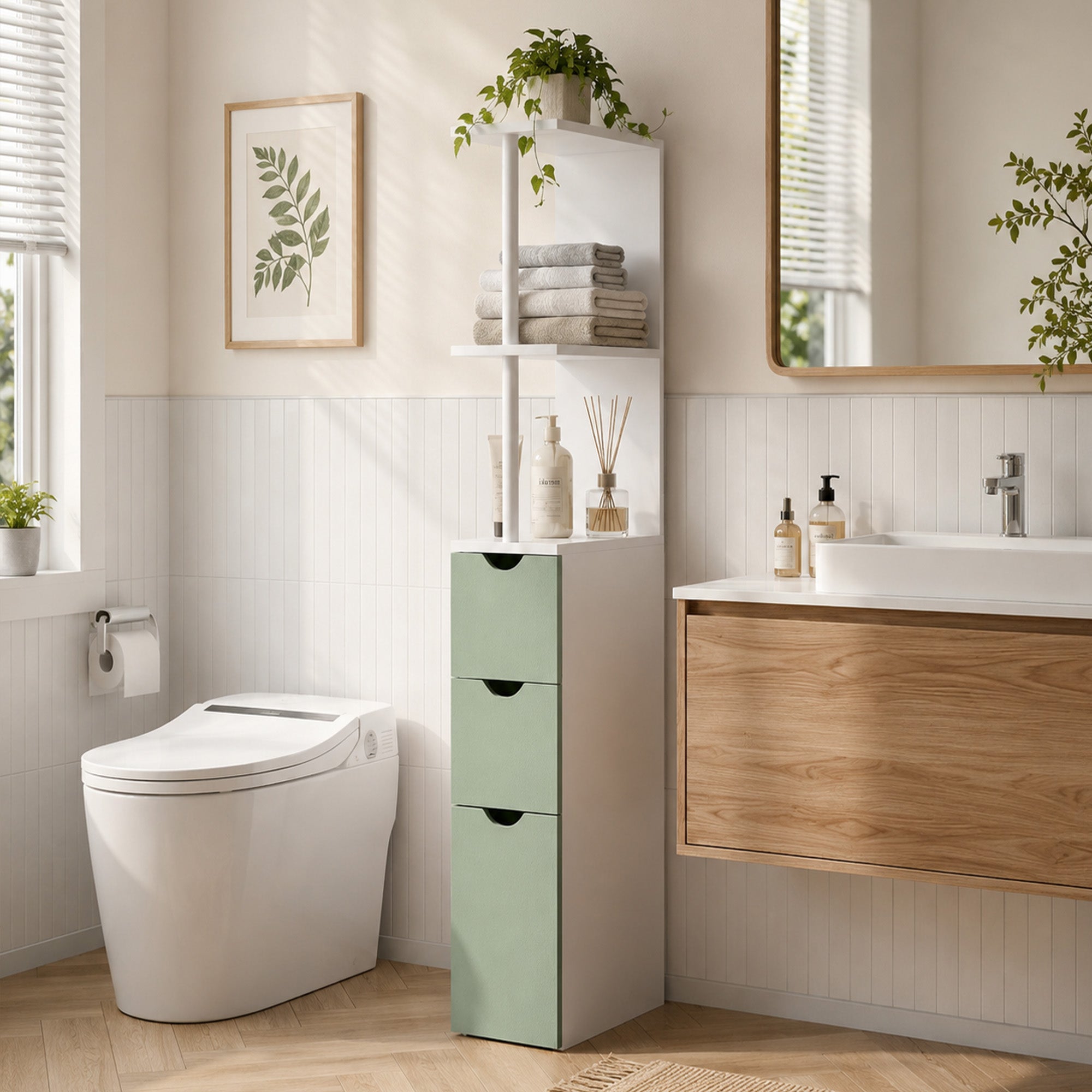Tall Bathroom Cabinet, Freestanding Slim Bathroom Storage Cabinet with 2-Tier Open Shelf and 2 Drawers for Small Space, Narrow Cupboard Storage Unit, White and Light Green