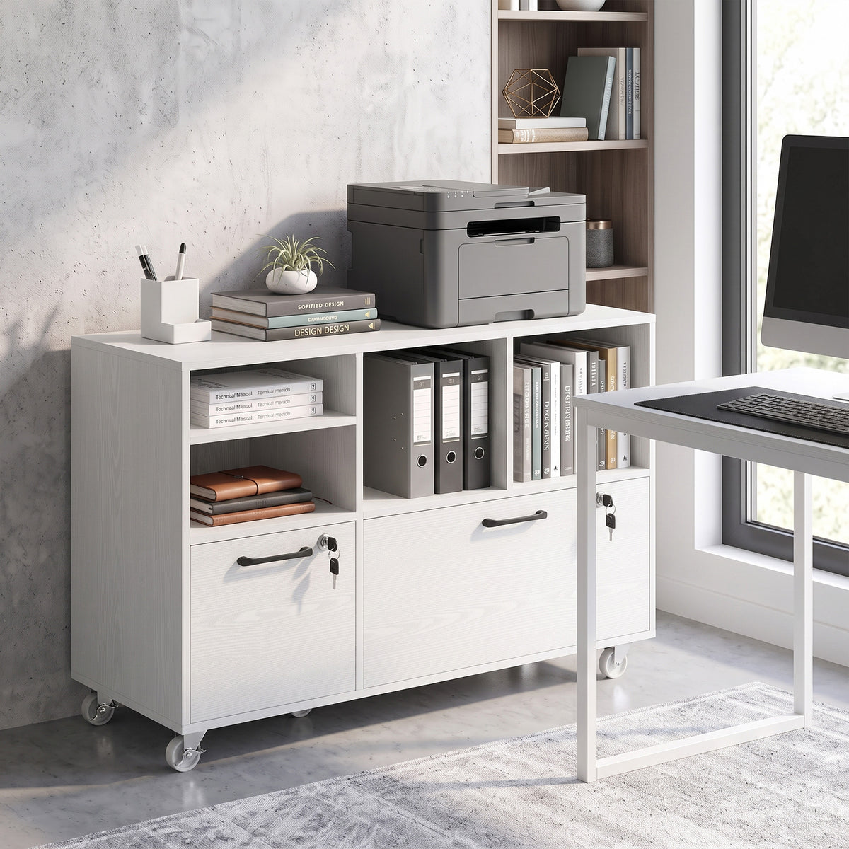 File Cabinet, 2 Drawer Mobile Lateral Filing Cabinet with Lock, Charging Station, Printer Stand with Shelves, Hanging Bars, Fits A4/Letter/Legal Size for Home Office, White