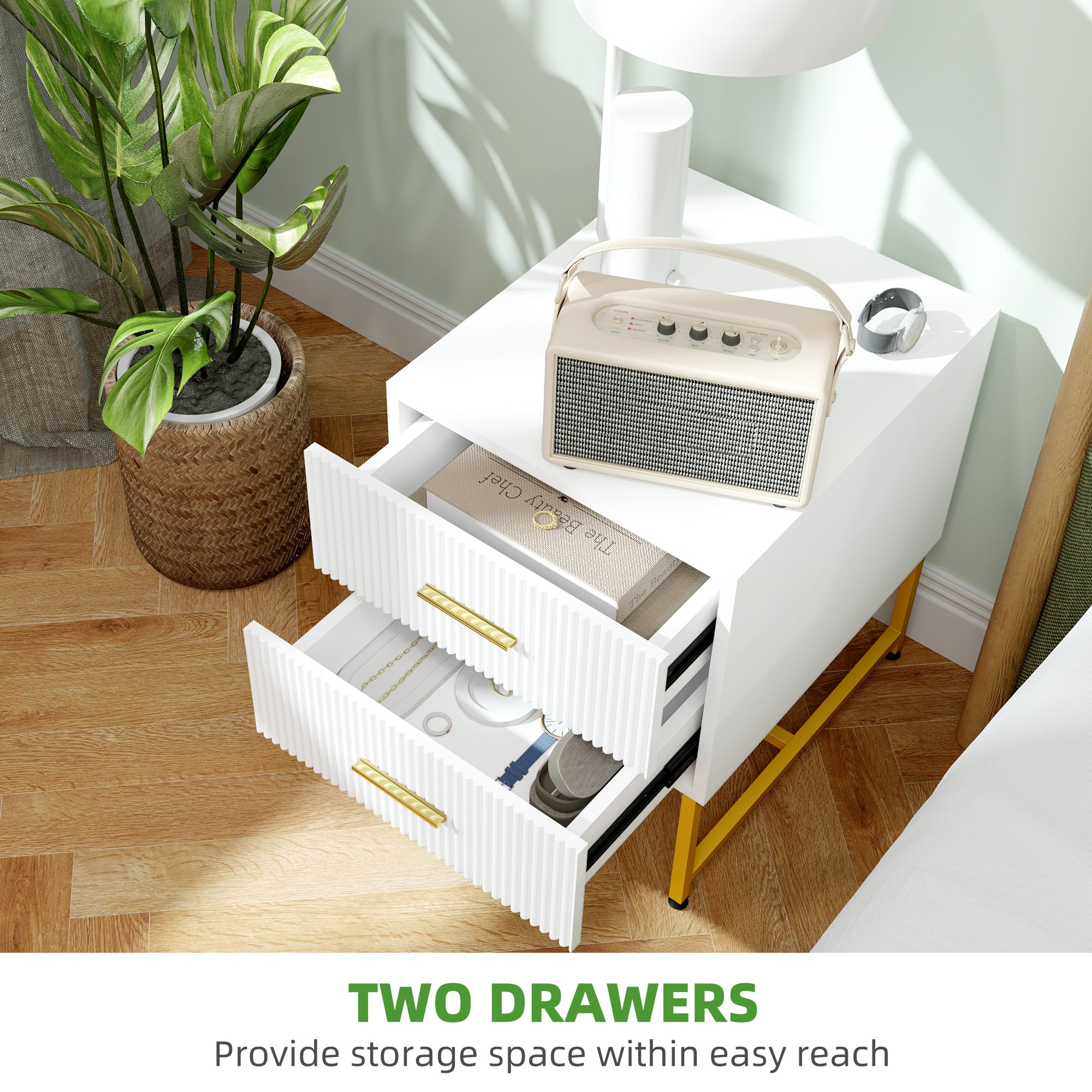 HOMCOM Modern Nightstands Set of 2, Bedside Tables with 2 Drawers and Fluted Panels, End Tables with Storage and Gold Legs for Bedroom, White