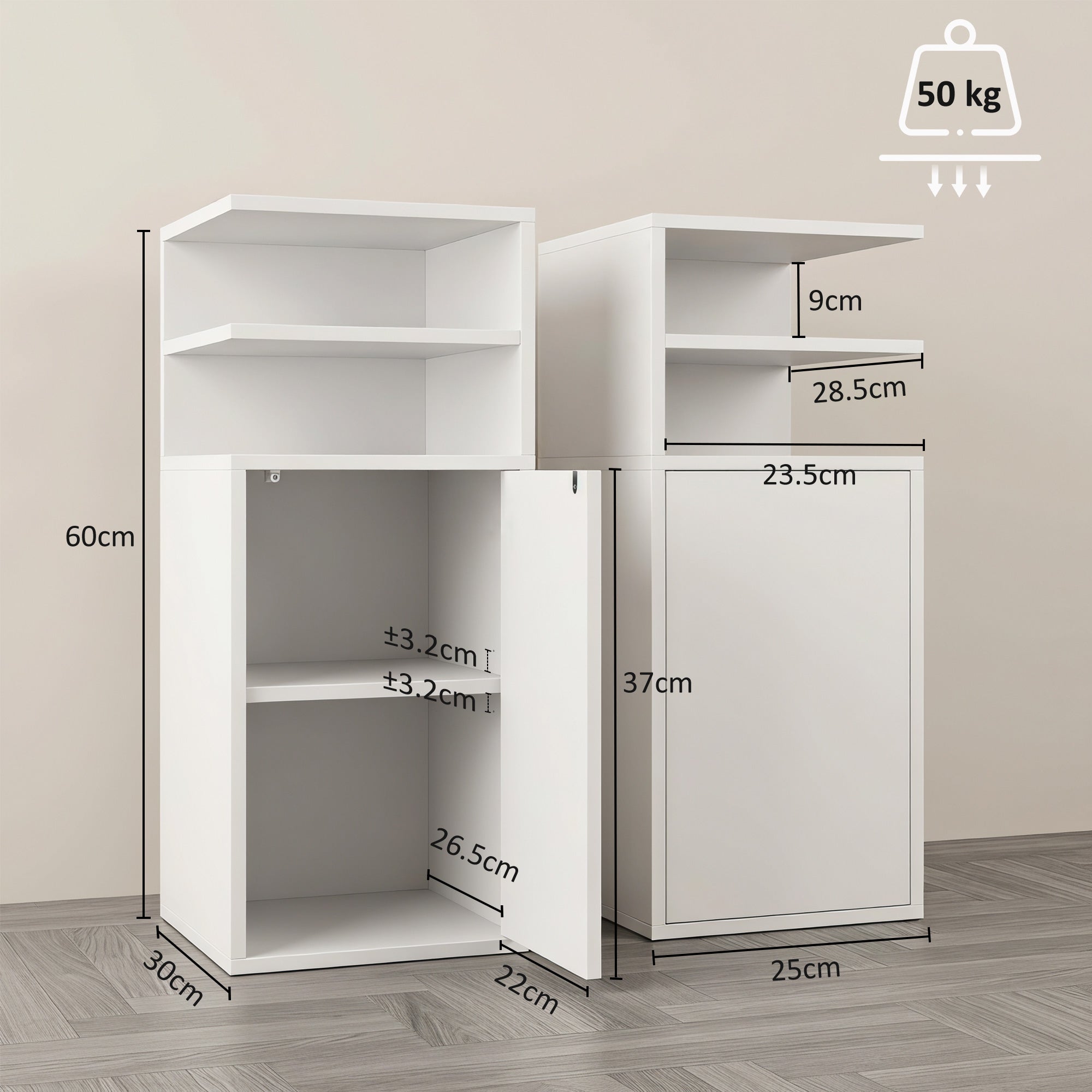 Slim Bedside Table Set of 2, Narrow Bedside Cabinet with Open Cubbies and Cupboard, Side End Table for Bedroom Living Room Compact Nooks, 30 x 25 x 60 cm, White