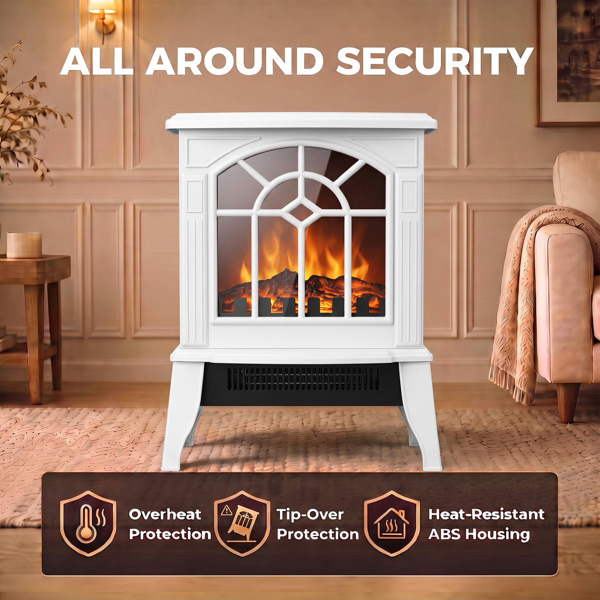 Freestanding Electric Fireplace, Electric Log Burner with LED Flame Effect, Overheating Safety System, 1000W/2000W, White