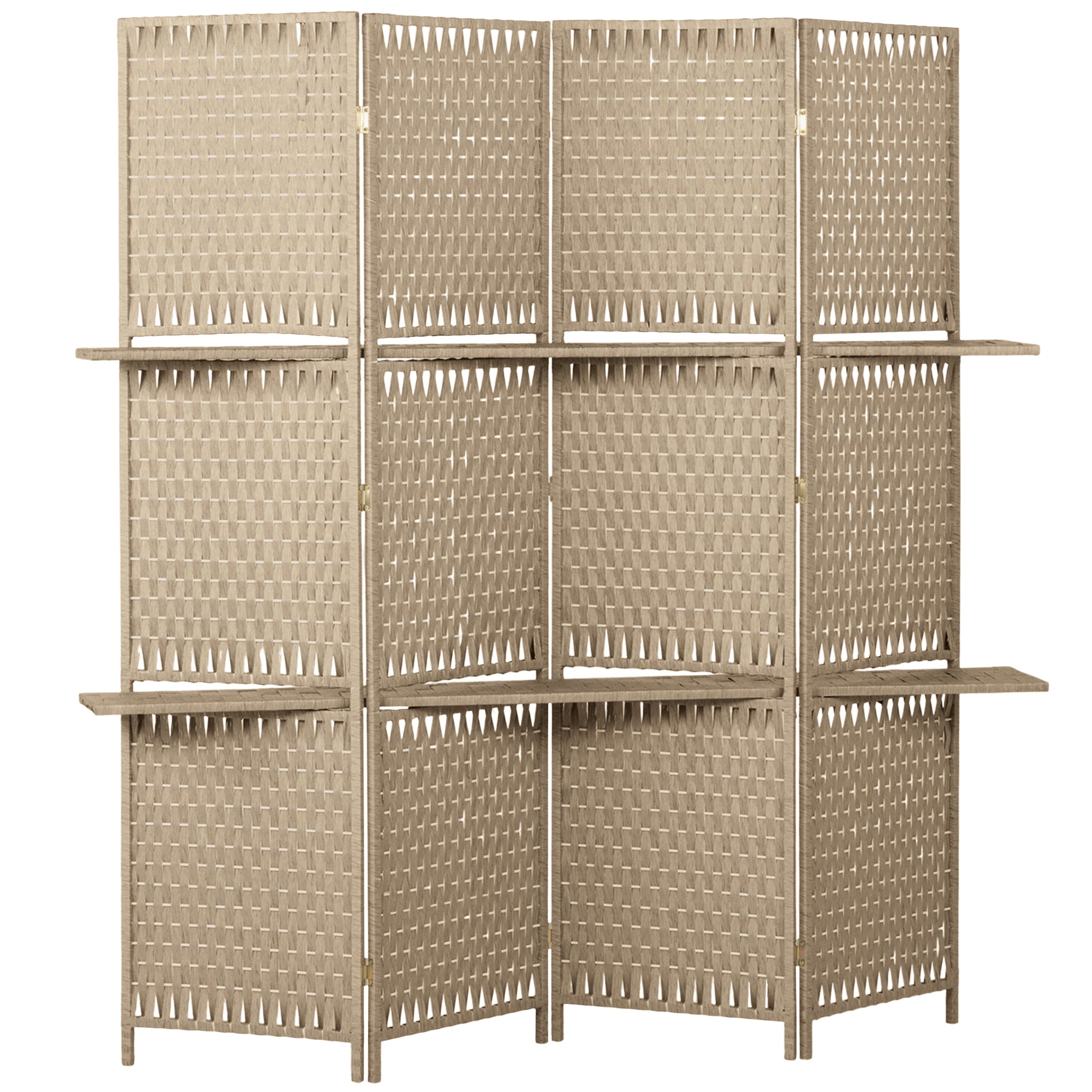 4-Panel Room Divider with Shelves, Wave Fibre Freestanding Folding Privacy Screen Panels, Partition Wall Divider for Indoor Bedroom Office, 180 cm, Natural Wood Finish